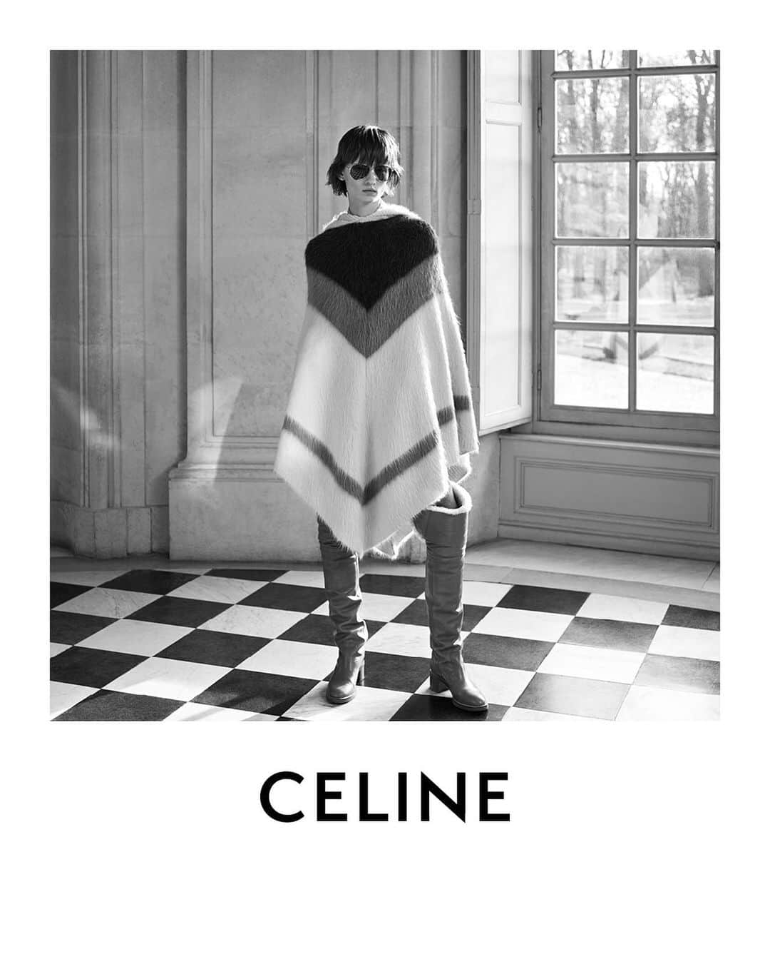 Celineさんのインスタグラム写真 - (CelineInstagram)「THE 16 COLLECTION CELINE WOMEN WINTER 19 CELINE PONCHO WITH HOOD IN BRUSHED FAIR ISLE ⠀⠀⠀⠀⠀⠀⠀ LARA PHOTOGRAPHED IN MARCH 2019 AVAILABLE IN STORE AND CELINE.COM AUGUST 19TH ⠀⠀⠀⠀⠀⠀ #CELINEBYHEDISLIMANE」8月16日 19時50分 - celine
