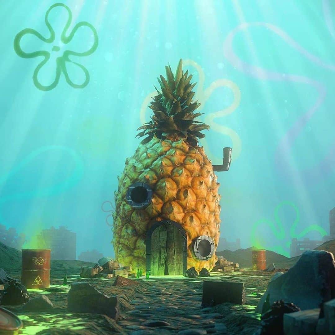 マリブシャツのインスタグラム：「Happy Aloha Friday!🤙🏽 @oneway.art who lives in pineapple under the sea?💕 Credit : @markrenders」