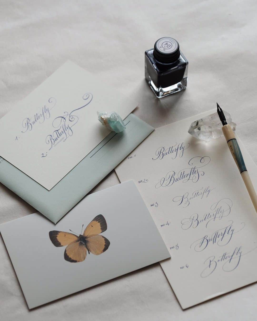 Veronica Halimさんのインスタグラム写真 - (Veronica HalimInstagram)「Various writing with Lichen, natural dye ink from @fumisome  It’s supposed to be a light violet but looks more bluish in this photo — #truffypi #pen #ink #naturaldyeinks #butterfly #papillon #vhcalligraphy #handwriting #stationery #penmanship #minerals #toolsoftrade #weekend #tabletop #カリグラフィー #モダンカリグラフィー #カリグラファー #カリグラフィースタイリング #カリグラフィーワークショップ」8月17日 11時17分 - truffypi