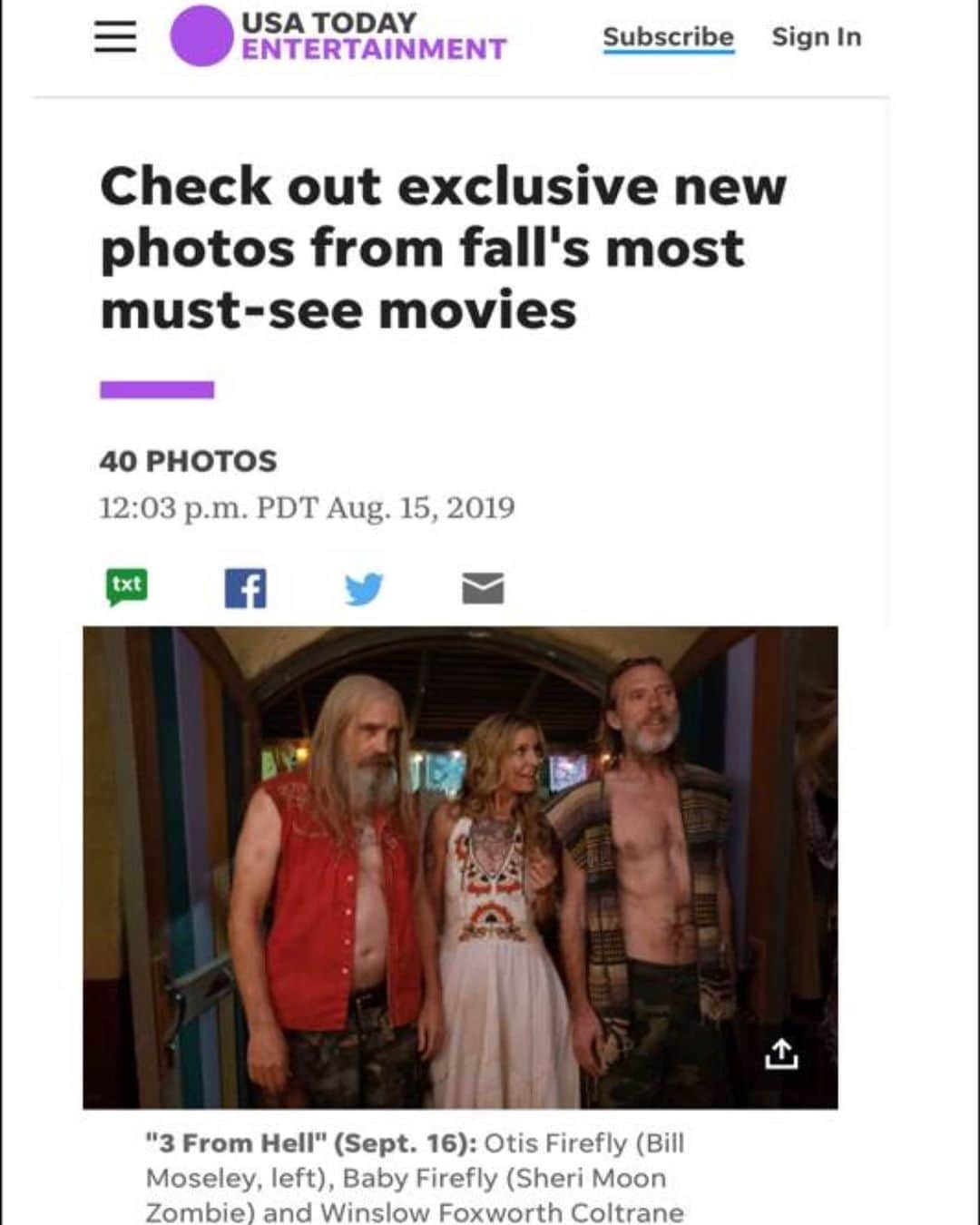 ロブ・ゾンビのインスタグラム：「USA TODAY is on the case! On month away! Get your tickets now for September 16-17-18 at www.fathomevents.com #3fromhell #sherimoonzombie #billmoseley #richardbrake #freethethree #robzombie #sidhaig #dannytrejo #deewallace #emiliorivera #panchomoler #thedevilsrejects」