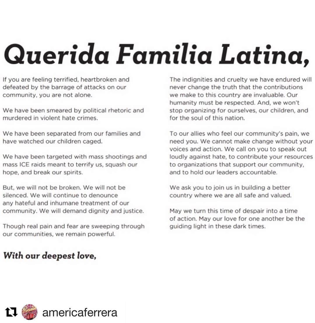 カミーユ・グアティさんのインスタグラム写真 - (カミーユ・グアティInstagram)「I am proud to be a signatory of the #QueridaFamilia solidarity letter to the Latinx Community and our allies. Read the letter, share the love, and declare yourself an ally. #QueridaFamilia  #Repost @americaferrera with @get_repost ・・・ Over 200 Latinx leaders have come together to send a message of love and solidarity to our community during these dark times, and to call on all of us to speak out and fight for the humanity of all people. Read the letter, share the love, and declare yourself an ally. #QueridaFamilia」8月17日 6時18分 - camilleguaty