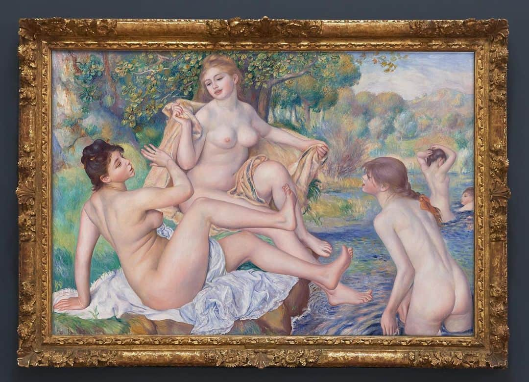 フィラデルフィア美術館さんのインスタグラム写真 - (フィラデルフィア美術館Instagram)「This series of images shows Pierre Auguste #Renoir’s “The Great Bathers,” before and after its recent conservation treatment. Following intensive research toward understanding the materials and techniques used to create this painting, treatment involved carefully removing discolored varnish layers and other old restoration materials. Prominent cracks were brought back to a level plane and stabilized to preserve the painting long into the future.  Swipe to see details of the left-most figure—you’ll notice that after treatment, the shading and three-dimensional form of the flesh are more clearly visible, and the overall colors are vibrant. Swipe left again to see that the cracks are no longer visually distracting. Viewing “The Great Bathers” today, we see the painting much closer to how it appeared when Renoir declared it his masterwork. Look back to previous posts to learn more about the process of researching, analyzing, and conserving Renoir’s “The Great Bathers,” on view in The #TheImpressionistsEye through August 18. #RenoirConservation • This conservation project and exhibition are supported by Bank of America. • “The Great Bathers,” 1884–87, by Pierre-Auguste Renoir. Detail, before (left) and after treatment (right), normal light. Detail, before (left) and after treatment (right), raking light.」8月17日 7時46分 - philamuseum