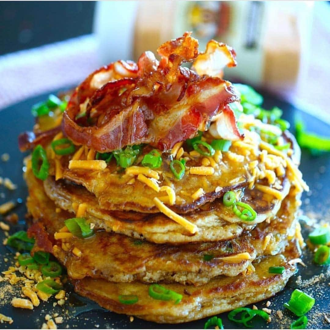 Flavorgod Seasoningsさんのインスタグラム写真 - (Flavorgod SeasoningsInstagram)「My Bacon Pancake🥓⁠ -⁠ My Seasonings are Available here ⬇️⁠ Click the link in the bio -> @flavorGod⁠ or visit website: www.flavorgod.com⁠ -⁠ Here's my MAPLE BACON & CHEDDAR PANCAKES‼️⁠ Sweet and savory!⁠ -⁠ Ingredients⁠ Dry:⁠ •1 1/2 Cup - *gluten free mix or all purpose flour (recipe for gluten mix below)⁠ •2 tablespoon - coconut sugar⁠ •1 tablespoon - FlavorGod Bacon Lovers⁠ •2 Teaspoons - baking powder⁠ •1/4 Cup - shredded cheddar cheese⁠ •1/4 Cup - green onions⁠ •1 teaspoon -FlavorGod Pink Salt&Pepper (S+P)⁠ -⁠ Wet:⁠ •1 Cup - milk⁠ •3 Tablespoons - unsalted butter, room temp⁠ •1 - egg⁠ -⁠ Garnish:⁠ Maple syrup, *bacon, cheese, green onions. Bacon is optional in recipe⁠ -⁠ Instructions:⁠ 1.In a mixing bowl, combine: flour, sugar, baking powder, cheddar cheese,FlavorGod bacon lovers, green onion and (S+P). Blend.⁠ -⁠ 2.In separate bowl, combine: milk,butter, and egg. Mix well.⁠ -⁠ 3.Next combine wet bowl ingredients  into dry bowl, mix together, but be careful not to over mix.⁠ -⁠ 4.Turn heat to medium and melt butter on skillet.⁠ -⁠ 5.Scoop about 1/4 cup batter on skillet for each pancake. Flip once.⁠ -⁠ About 3 minutes each side.⁠ Garnish with green onion, bacon, cheese and FlavorGod bacon lover seasoning.⁠ Enjoy!⁠ -⁠ *Gluten free mix:⁠ I use this mix whenever a recipe calls for all purpose flour.⁠ •3 cups -brown rice flour⁠ •1 cup -potato starch⁠ •1/2 cup -white rice flour⁠ •1/2 cup -tapioca flour⁠ Seal and store unused portion for other dishes.⁠ -⁠ -⁠ #food #foodie #flavorgod #seasonings #glutenfree #mealprep  #keto #paleo #vegan #kosher #breakfast #lunch #dinner #yummy #delicious #foodporn ⁠」8月17日 21時00分 - flavorgod