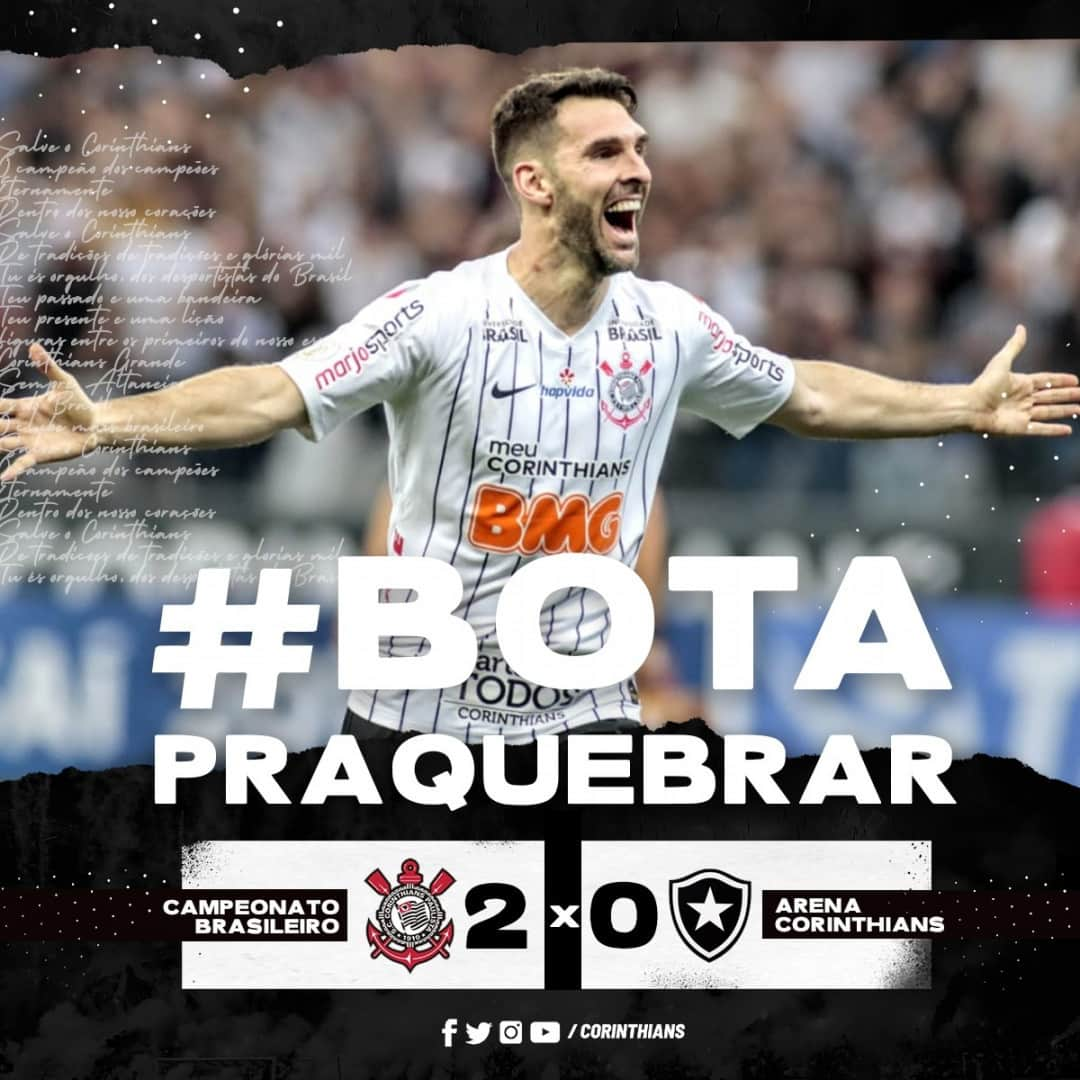 コリンチャンスさんのインスタグラム写真 - (コリンチャンスInstagram)「Na @arenacorinthians, Timão #BotaPraQuebrar e vence o Botafogo por 2 a 0, com gols de @maurob17 e @everaldo.junior.77 . Alvinegro chega aos 27 pontos, cola no G4 do @Brasileirao e chega à nona partida seguida sem derrotas. ⠀ ⠀ #VaiCorinthians⠀ ⠀ ⠀ #MeuBMG #NãoÉSóPatrocínio #TimeDoPovo #Corinthians #Timão #CorinthiansTV #FielTorcedor #AFielÉFoda #UmSoCorinthians #NikeFutebol #Joli #EstrellaGalicia #UniversidadeBrasilOficial #ÉPositivo #CorinthiansÉPositivo #LoucoPotyCorinthians #PostosALE #ALEnoTimão #TODOSportiCorinthians #CartãodeTODOSCorinthians #TODOSpeloTimão⠀ ⠀ ⠀」8月18日 6時50分 - corinthians