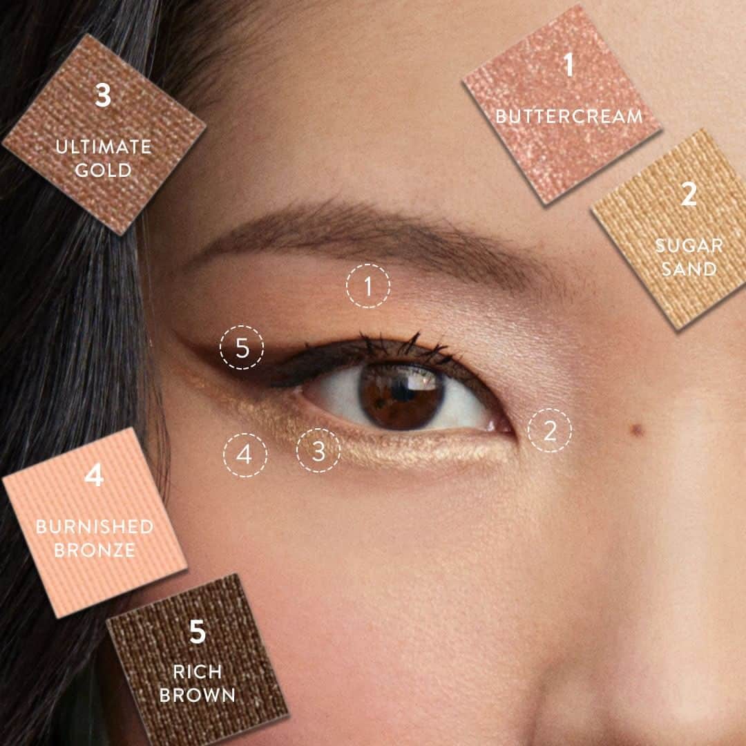のインスタグラム：「Here’s how to create @romyglow’s re-imagined classic cat eye: ✔️ Sweep Buttercream under the brow bone ✔️Add a touch of glitter to the inner corner with Sugar Sand ✔️ Liner the lower lashline using a damp Ultra Precise Liner Brush and Ultimate Gold ✔️ Define the edge of the wing with Burnished Bronze ✔️ Create the wing along the upper lash line with the Ultra Precise Liner Brush and Rich Brown  Shop the Essential Eye Palette in Burnished Bronze」