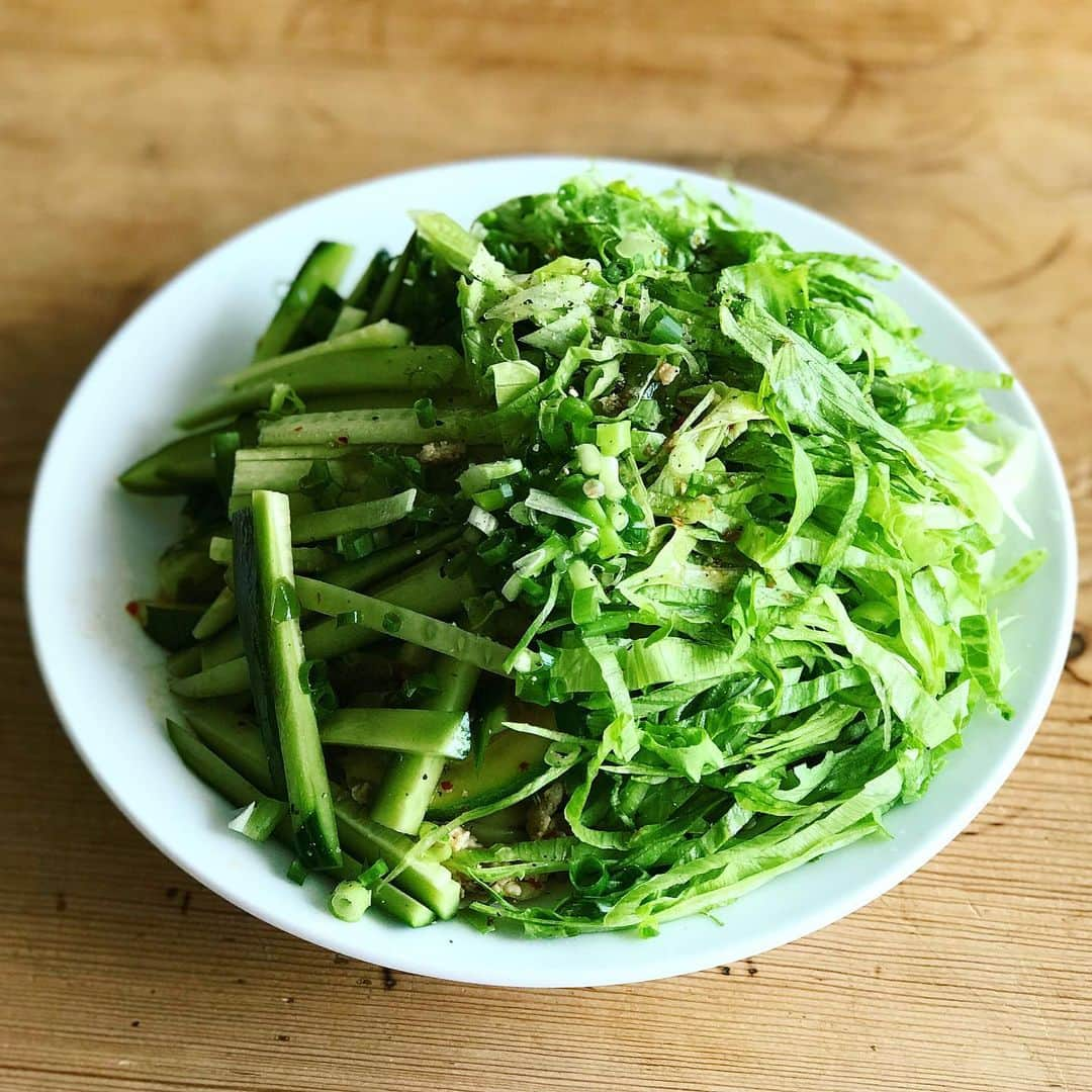 福田里香さんのインスタグラム写真 - (福田里香Instagram)「ただの🥬と🥒の山ではない。 せん切りのレタスときゅうり、 思いっきりグリーン山盛りの下には 鶏ひき肉と豆板醤を胡麻油で 炒めたタレで和えた冷たい中華麺。 🍋と胡椒をふり、ねぎも多めにパラリと。 🥢でめちゃくちゃに混ぜていただきます。 #たっぷり真夏の緑味 #summerlunch」8月18日 7時03分 - riccafukuda