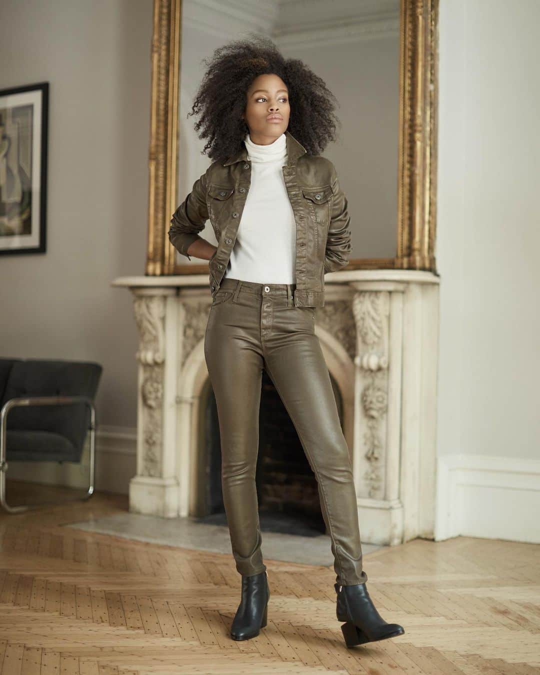 Saks Fifth Avenueのインスタグラム：「#SaksIRL: Look to @agjeans for coated perfection. Actress @ajvni is a fan of the slick laminated finish: “I tend to gravitate toward interesting silhouettes and unconventional finishes.” #SaksStyle」