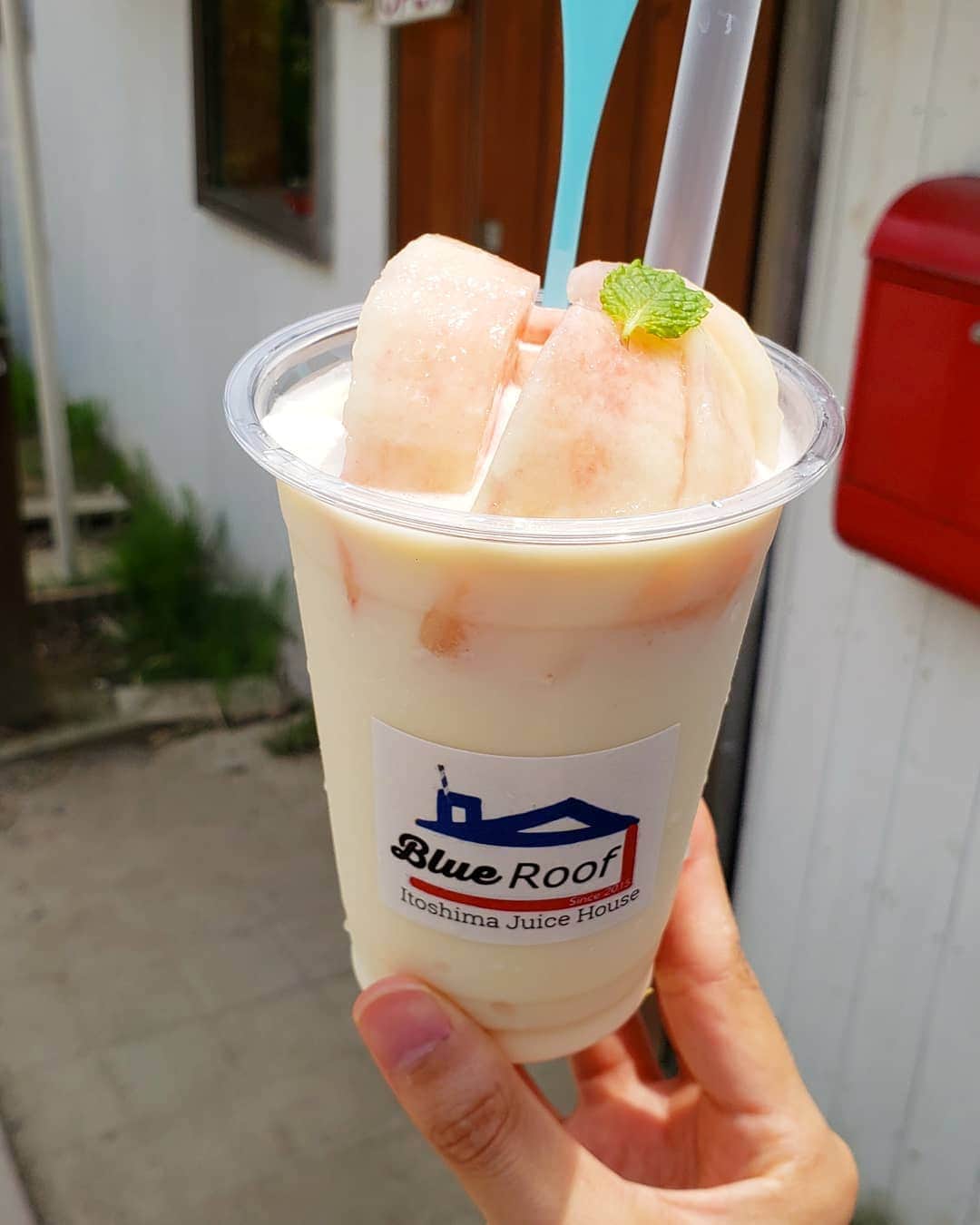 のインスタグラム：「. 糸島の#blueroof 桃が乗った ヨーグルトスムージー🍑 美味しすぎてびっくりした。  これ以降 桃のヨーグルト めっちゃ食べるようになった🙄 . . #糸島カフェ#一度では回れない#何度も行かなきゃ#ブルールーフ#本当に屋根が青くて可愛いお店でした」