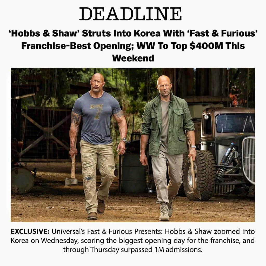 ドウェイン・ジョンソンさんのインスタグラム写真 - (ドウェイン・ジョンソンInstagram)「Thank you Korea for making @hobbsandshaw break another franchise record.  Not too shabby for our second week of box office biz.  The “Struts into Korea” had me chuckling. Funny visual 🕺🏽 #ricflairstrut #fargostrut #woo」8月18日 13時04分 - therock