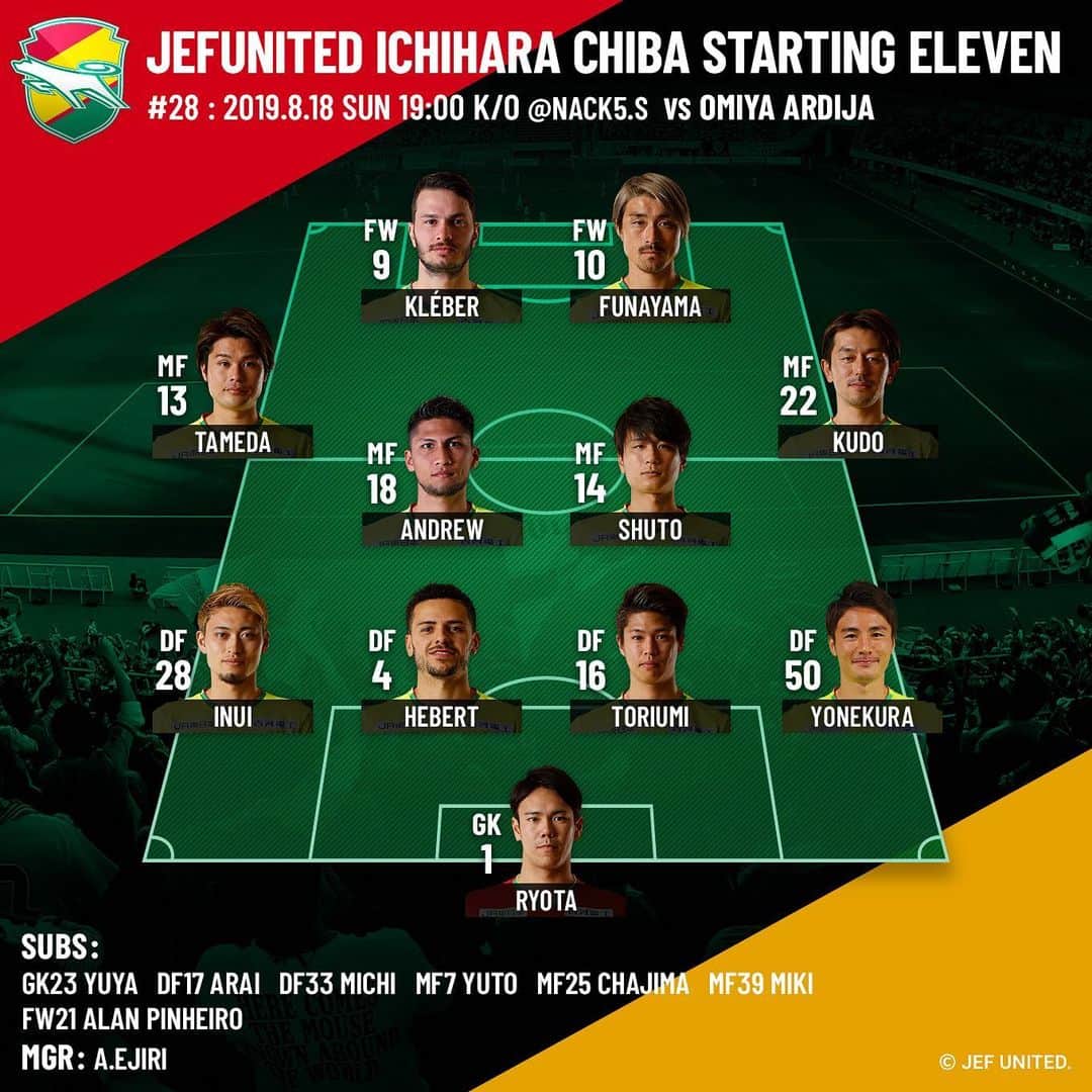 ジェフユナイテッド市原・千葉のインスタグラム：「2019.8.18 SUN 19:00 K/O vs OMIYA ARDIJA JEFUNITED STARTING Ⅺ  #jefunited #jef #ジェフ千葉 #大宮アルディージャ#スターティングメンバー #明治安田生命J2リーグ #Jリーグ #jleague」