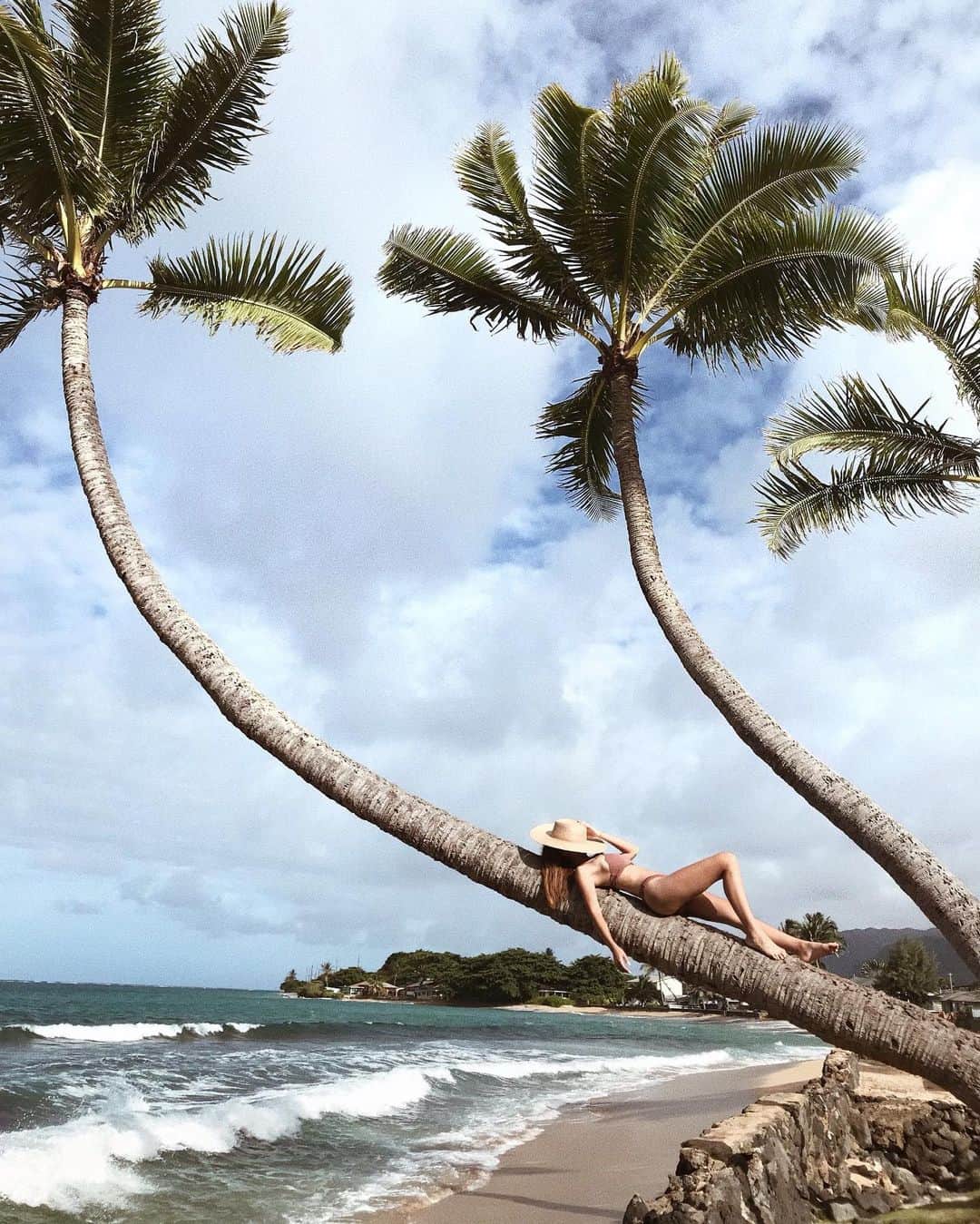 のインスタグラム：「🌴📻♡ . @sonkyou1013 ちゃんに教えてもらったヤシの木スポット🌴 ノースの帰りに寄ってきたんだけど、めっちゃ可愛かったー♡ . 写真はクールにキメてるけど、 ここに座るのかなり至難の業で😂 寝転んでるポーズとか自分に拍手したいレベル♡笑 . 見た目以上に高くて足ガクガク震えてた😆🌈🌺 . . #hawaii #beach #ハワイ #インスタ映え」