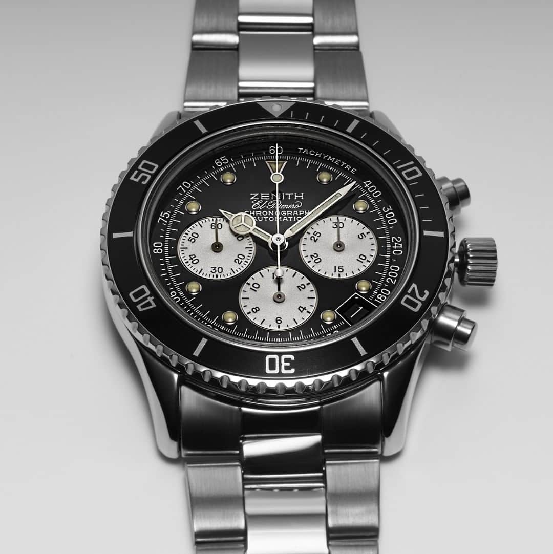 ゼニスのインスタグラム：「#BehindTheStar: Part diver, part chronograph, 100% El Primero. The “De Luca” with a reverse panda dial from 1990.  #Zenith #DeLuca #TheFirst #Chronograph #ElPrimero #Movement #Horology #SwissMade #ZenithWatches #InHouse #Manufacture #VintageWatches #WatchCollector」