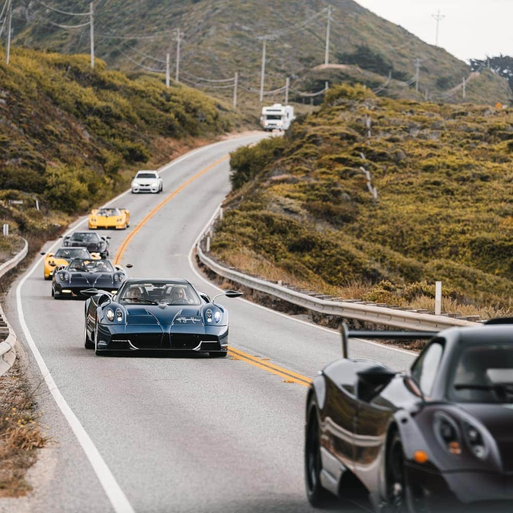 パガーニ・アウトモビリのインスタグラム：「All the way to the @exoticsonbroadway with many friends awaiting us, thank you! #pagani #huayra #huayrabc #huayraroadster #CarWeek #canneryrow #montereycarweek #montereycarweek2019」