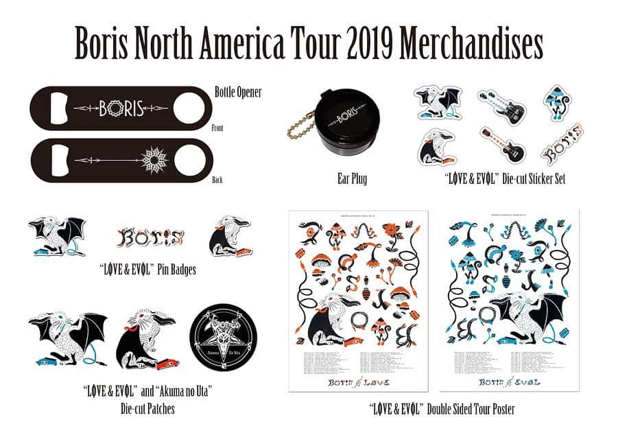 BORISさんのインスタグラム写真 - (BORISInstagram)「Boris North America Tour 2019 Merchandise. “LφVE & EVφL” Tour Raglan T-Shirt. Illustrated by Mami Saitou. “Cry” T-shirt Designed by Kiyoharu “Shadow of Skull” T-shirt Designed by Kiyoharu “feedbacker” T-shirt Designed by fangsanalsatan “Estrada” T-shirt Illustrated by Collin Estrada.  Bottle Opener Ear Plug Die cut Sticker & Patch Pin Badge Double sided silk screen Poster  Logo designed by leeroo  #borisdronevil #borisheavyrocks #loveandevol #borishrp #thirdmanrecords  @thirdmanrecords」8月19日 10時09分 - borisdronevil