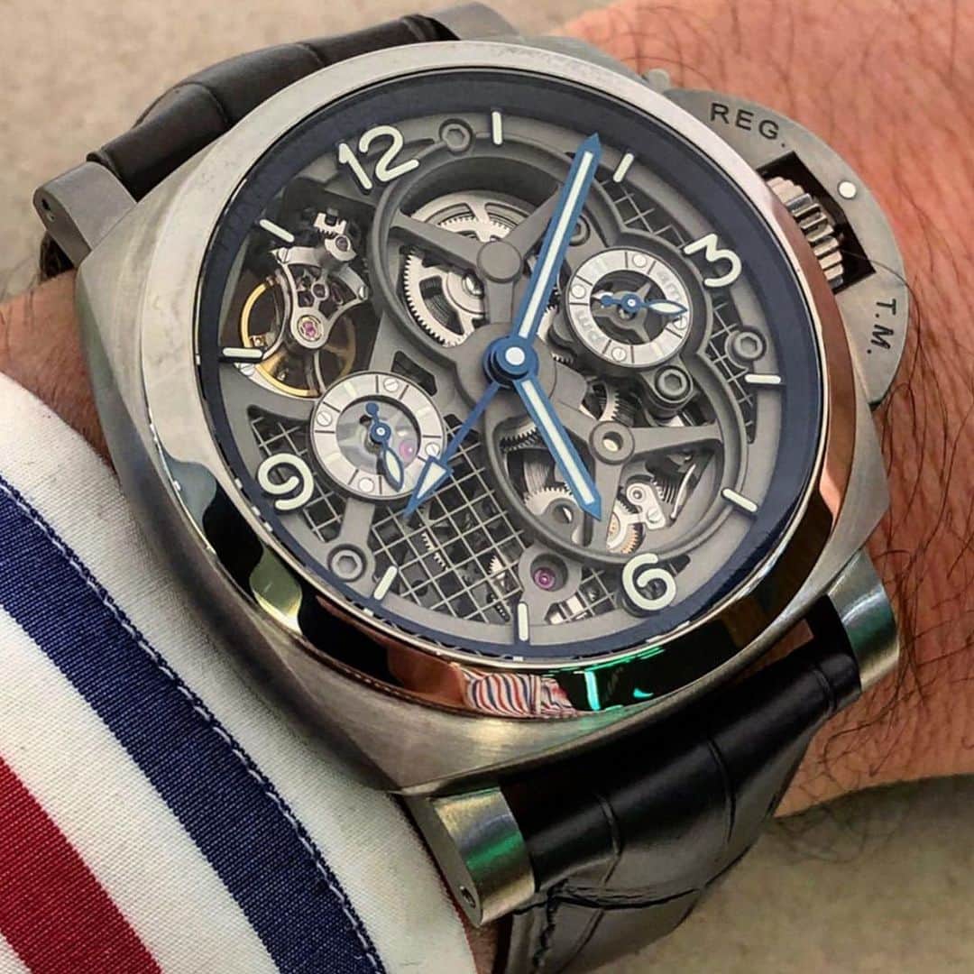 パネライのインスタグラム：「😍 don’t need to say much for the #Panerai #PAM578 Lo Scienziato Titanium Tourbillon with skeletonized movement. Pic by @equationdutemps #PaneraiCentral」