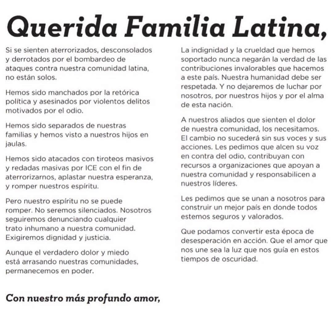 Ana Brenda Contrerasのインスタグラム：「Orgullosa de ser parte de un movimiento de humanidad , solidaridad y respeto. He firmado esta carta ... lee , comparte y únete #QueridaFamilia NO ESTÁN SOLOS // Over 200 Latinx leaders have joined forces to call on all of us to speak out &amp; fight for the humanity of all people. I’m proud to be a signatory of the #QueridaFamilia solidarity letter ❤️ Please read the letter, share the love; declare yourself an ally. https://t.co/4CT1YhTNNB https://t.co/f2RXHFTnQj. No están solos!❤️」