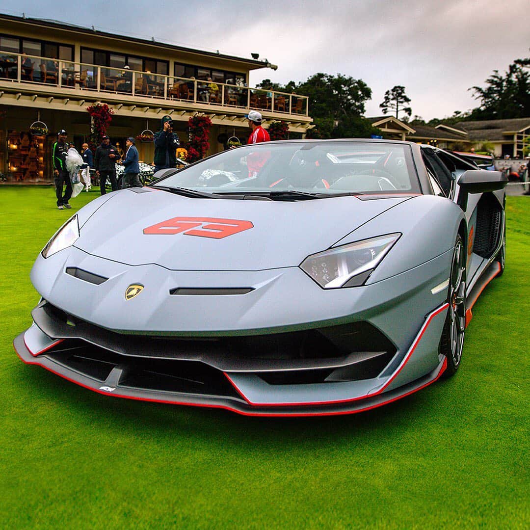 のインスタグラム：「Exceptional performance, superior style, and outstanding customization options. The exclusive Aventador SVJ 63 Roadster is ready to shine on the Concept Lawn of the Pebble Beach Concours d'Elegance.  #Lamborghini #AventadorSVJ63Roadster #MontereyCarWeek #PebbleBeach」