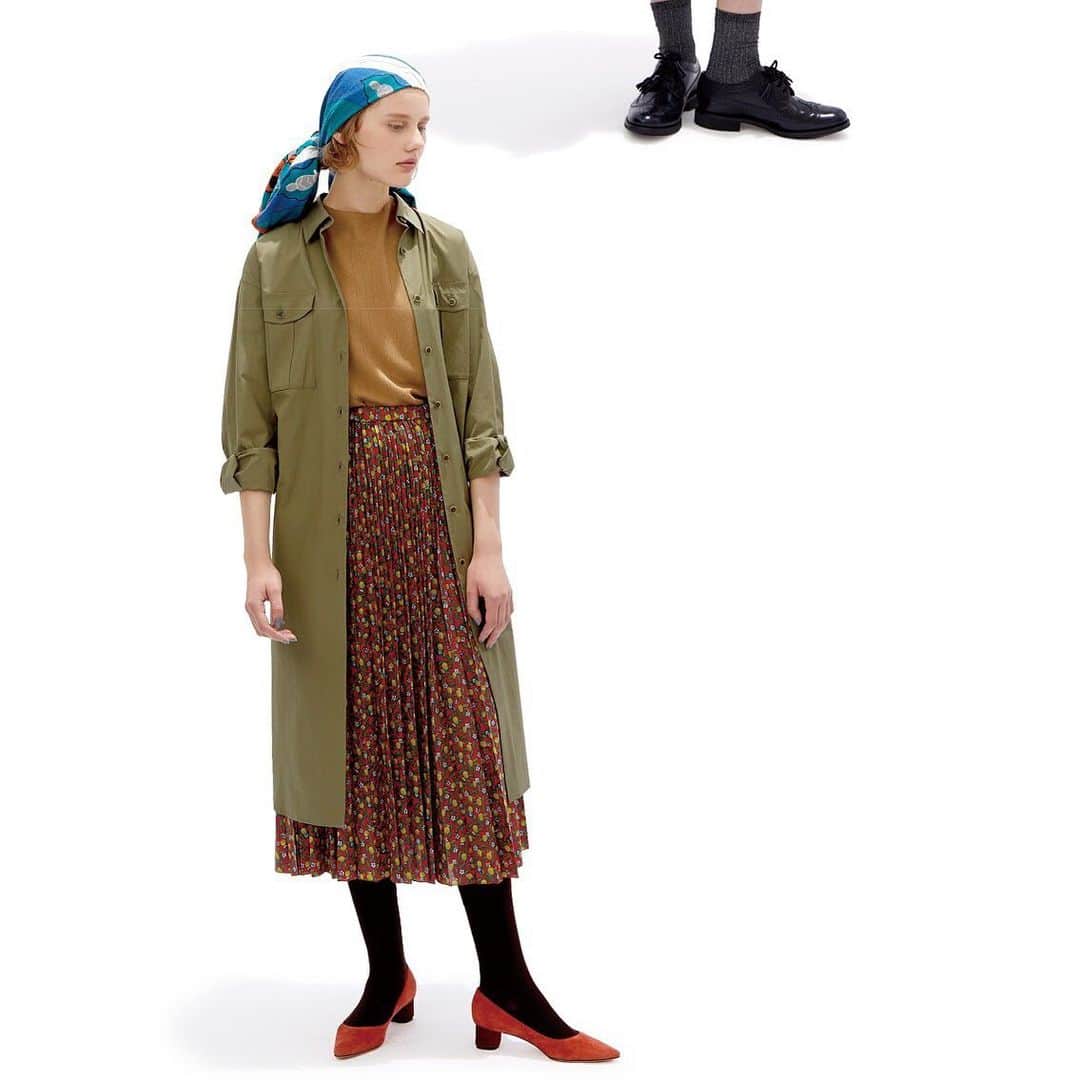 エリオポールのインスタグラム：「- 2019/AW collection -  B.B.B  8.16.fri - 9.4.wed  SHIRT DRESS [HÉLIOPÔLE] 24,000yen+tax KNIT [HÉLIOPÔLE] 13,000yen+tax SKIRT [HÉLIOPÔLE] 28,000yen+tax SHOES [PELLICO] 48,000yen+tax SCARF [manipuri] 13,000yen+tax . . #HELIOPOLE #heliopole #エリオポール  #2019aw #autumnwinter #秋冬ファッション #selectshop #fashion #style #daikanyama #heliopole10 #marunouchibuilding #sapporostellarplace #nambaparks #nihonbashitakashimaya #yokohama #hiroshima #okayama #kagoshima」