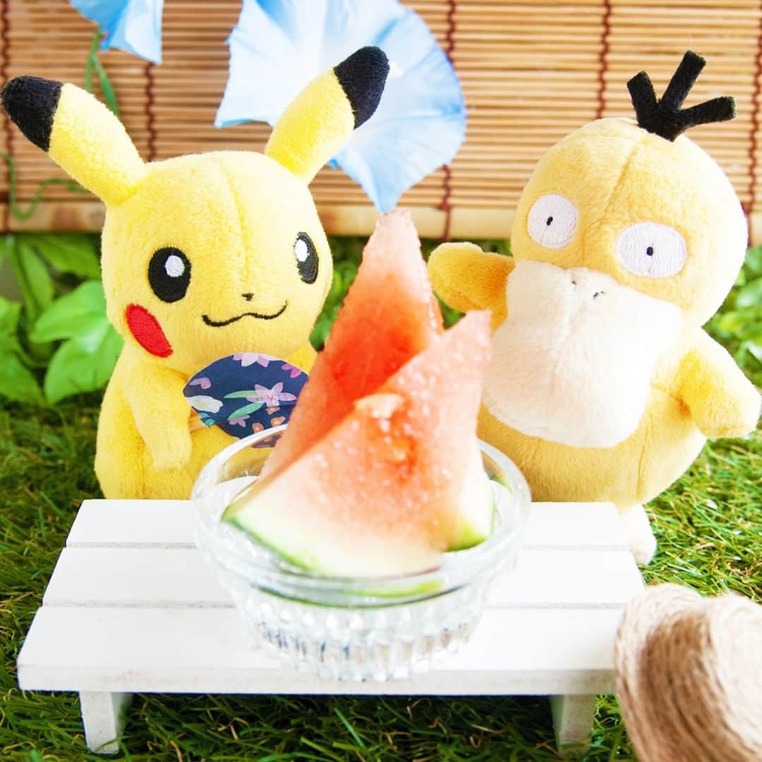 のインスタグラム：「【今日のピカチュウ】 コダックといっしょに涼んでいるみたい🎐 ふたりとも、すいかに興味津々だね🍉👀✨ #pikachu #psyduck #pokemon #pikachu_snap #photooftheday #break #rest #watermelon #fruit #summer #ピカチュウ #コダック #休憩 #まったり #すいか #フルーツ #夏」