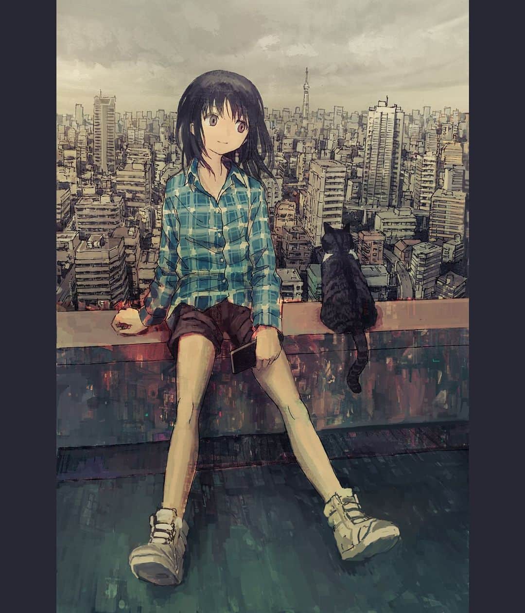 Akimasa Tokunagaのインスタグラム：「Cityscape with a cat. 猫と街 #art #illustration #cityscape #cat #manga #絵」