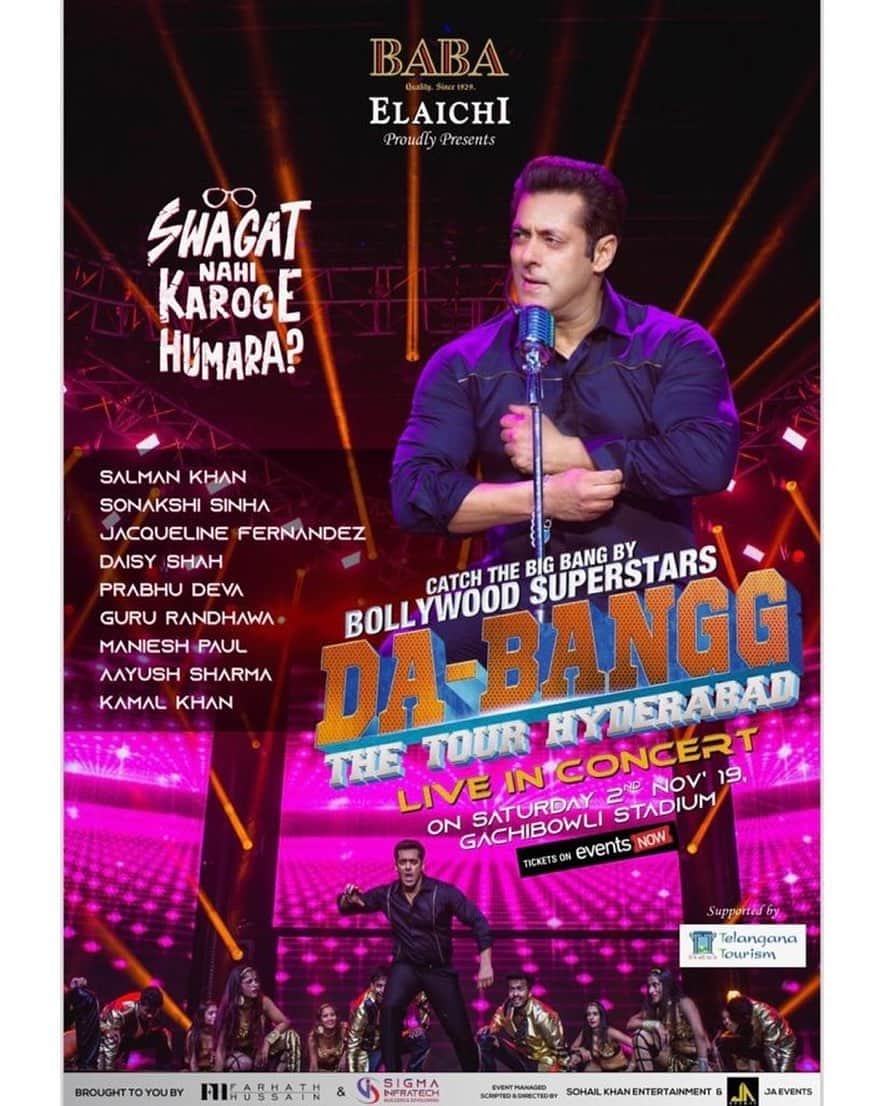 サルマン・カーンさんのインスタグラム写真 - (サルマン・カーンInstagram)「Hyderabad see u on 2nd Nov . . #DabanggTheTourHyderabad #Babaelaichi #FarhathHussain #SigmaInfratech #TelanganaTourism  #Eventsnow #Fever94.3Fm #SohailKhanEntertainments #JAEvents」8月19日 22時20分 - beingsalmankhan