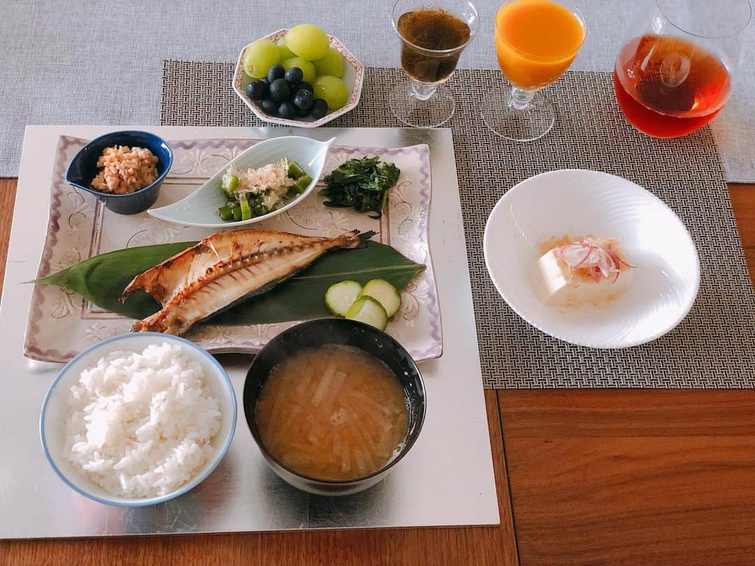 英玲奈さんのインスタグラム写真 - (英玲奈Instagram)「#今日の朝ご飯 #夫の朝ご飯 #アマランサス入りご飯 #大根の味噌汁 #鯵の開き #自家製胡瓜の糠漬け  @mameya.sanei さんの#切り干し大根 入り #納豆 #出汁おくら #ほうれん草のバターソテー #冷奴 #シャインマスカット #摘んだブルーベリー #糸もずく #シーベリージュース #ていねいな暮らし #季節を感じる暮らし#からだにいいこと #からだにやさしいごはん #おうちごはん#夫の健康守りたい#10年後の健康の為に#無添加#無化調#オーガニック#低gi #美腸活#趣味生活#erenakitchen」8月19日 23時28分 - erena_erenyan