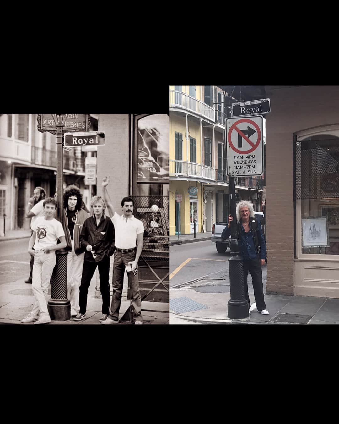 ブライアン・メイさんのインスタグラム写真 - (ブライアン・メイInstagram)「I had to find the spot where that lovely old group photo was taken.  We did ! It’s at Royal and Toulouse, in New Orleans French Quarter - and although a few things have changed, a lot of the ancient features are still there. The lamp post has been extended upwards - presumably to accommodate that less-than-pretty piece of ‘No Right Turn’ signage - and I seem to have lost my mates !  But ... well, it was a nice feeling to get back there. Now ... how about those other memories. ! Where’s Peaches ?!! Aaaah ... it’s 2019.  How did that happen ..? 💥💥💥💥 BIG THANKS to my dear friend Kimberley Barsana for sending me this great antique pic and starting a nice quest ! And thanks to Liam Wheatley who took my picture here, and Zoe Smith who led the search party ! The chap in the background in the picture from 1980 is Walter Versen - who was, for a number of years, my security guard and friend in those days. We are still pals. 💥💥💥💥 And, by the way, if you’re interested in this stuff, there are lots more vintage pictures and stories in my book —— QUEEN in 3-D. Cheers - Bri」8月20日 6時14分 - brianmayforreal