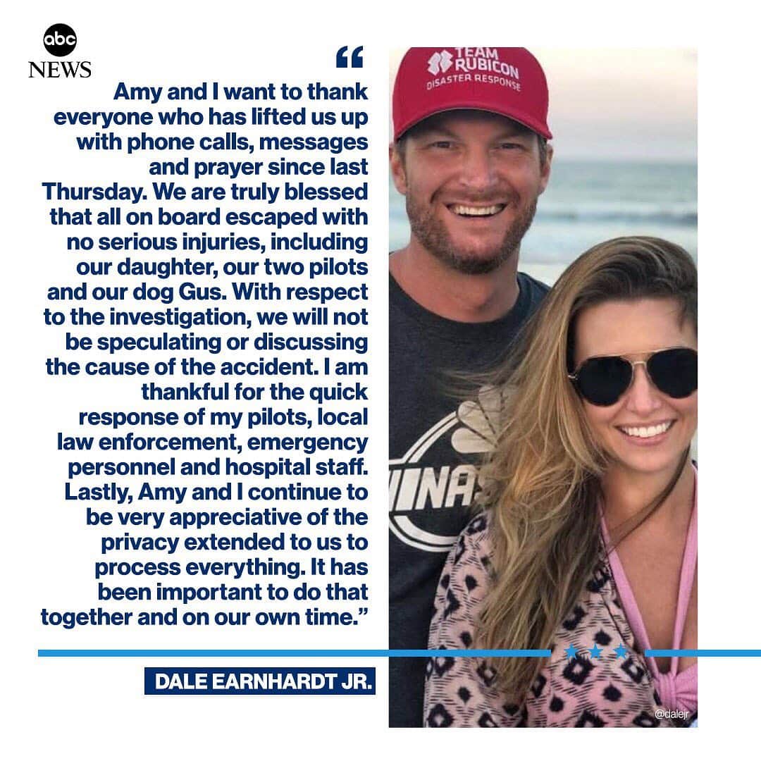 ABC Newsさんのインスタグラム写真 - (ABC NewsInstagram)「NEW: Dale Earnhardt Jr. tweets statement after last week’s small plane crash: “We are truly blessed that all on board escaped with no serious injuries, including our daughter, our two pilots and our dog Gus.”」8月20日 7時08分 - abcnews