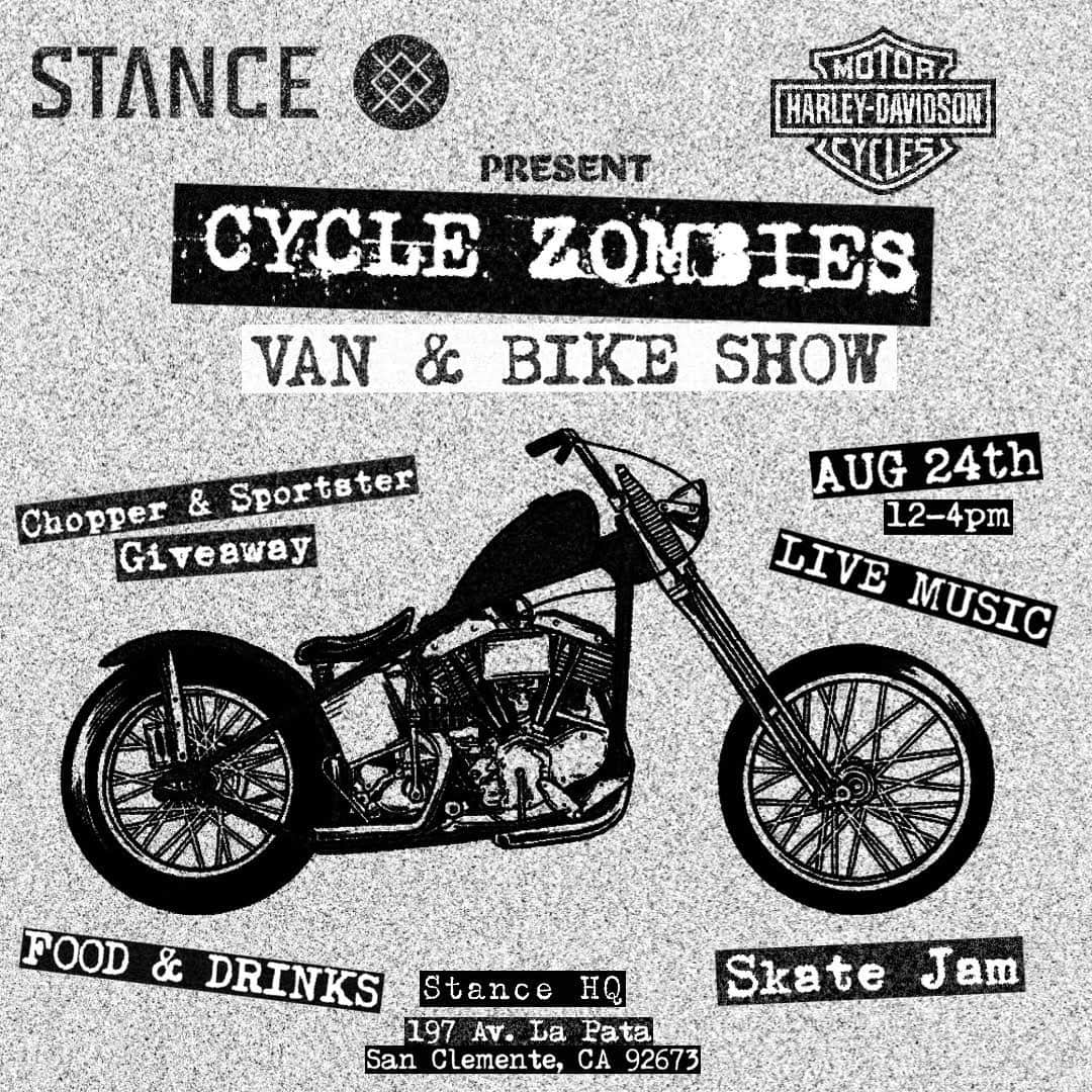 Stanceさんのインスタグラム写真 - (StanceInstagram)「🦅 @CYCLEZOMBIES VAN & BIKE SHOW AT STANCE HQ 📍 In celebration of @cyclezombies and Stance’s ongoing relationship, we will be hosting the 4th Cycle Zombies Bike and Van Show at Stance’s Global HQ in San Clemente. Join us this Saturday, 8/24 from 12 to 4pm, celebrating the DIY culture of motorcycles, skateboarding, surfing, art and community. We’ll have a custom bike show with invited builders, van showcase, @converse_cons skate jam and food and drinks while supplies last. Always a crowd favorite, there’ll be a purchased ticket raffle to win one of two bikes; a 2019 @harleydavidson Sportster 2019 Iron 1200 and a custom CZ 1976 HD Shovelhead chopper…along with a ton of other fun raffle prizes as well as live music from @warish.usa and @pharlee_ Ride out or bring your family, all are welcome! Swipe for full details. ⛽️🦅🔧🏍️🚐」8月20日 10時00分 - stanceofficial