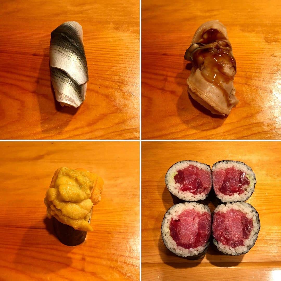 長山一樹のインスタグラム：「『月一で高級鮨を食べる』 すこし時間があいてしまいましたが、今回は某敏腕編集者Hさんのお誘いに便乗して新橋にある「鶴八」へ。職業柄ほぼ足を踏み入れることのない新橋のサラリーマンの白シャツの群れに溶け込みながら、食べログの住所に書いてあったニュー新橋ビルへ向かった。新しくできた駅ビルかな？なんて思ったら大間違いで約半世紀の間新橋のサラリーマンと共に年を重ねたレトロ雑居ビルの2階に鶴八はある。2階に上がってちょっと驚いたのはほとんどのテナントが怪しいアジアンマッサージの店舗。20件ぐらいはあっただろうか、全ての店の前に日本人ではない女性が椅子に座って「お兄さん、マッサージいかが〜？」とひたすら勧誘を受けながら通路を進まないと店に辿り着けない。だいぶ変わった場所にあるが鮨は余計な物がいっさいないTHD江戸前鮨を堪能できる。 シャリは少し大きめだが硬さは好み。煮穴子、煮ハマのクオリティには感動。ムラサキ雲丹と馬糞雲丹をてんこ盛りに乗せた軍艦にマグロの全てを惜しみなく巻いた巻き物はこの店の名物らしく、口に入れた時は「うま」の一言。硬派な鮨屋で好印象だった。 #月一で高級鮨を食べる  #鶴八  #新橋」