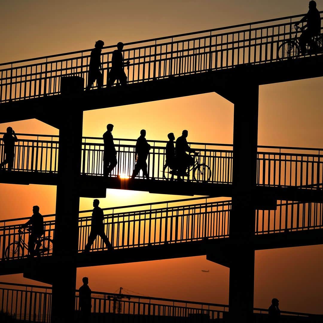 AFP通信さんのインスタグラム写真 - (AFP通信Instagram)「AFP Photo 📷 @karim.sahib - Asian labourers cross a pedestrian bridge in Dubai in August, 2019, as they head to work at a vegetable market. #sunset」8月20日 15時29分 - afpphoto