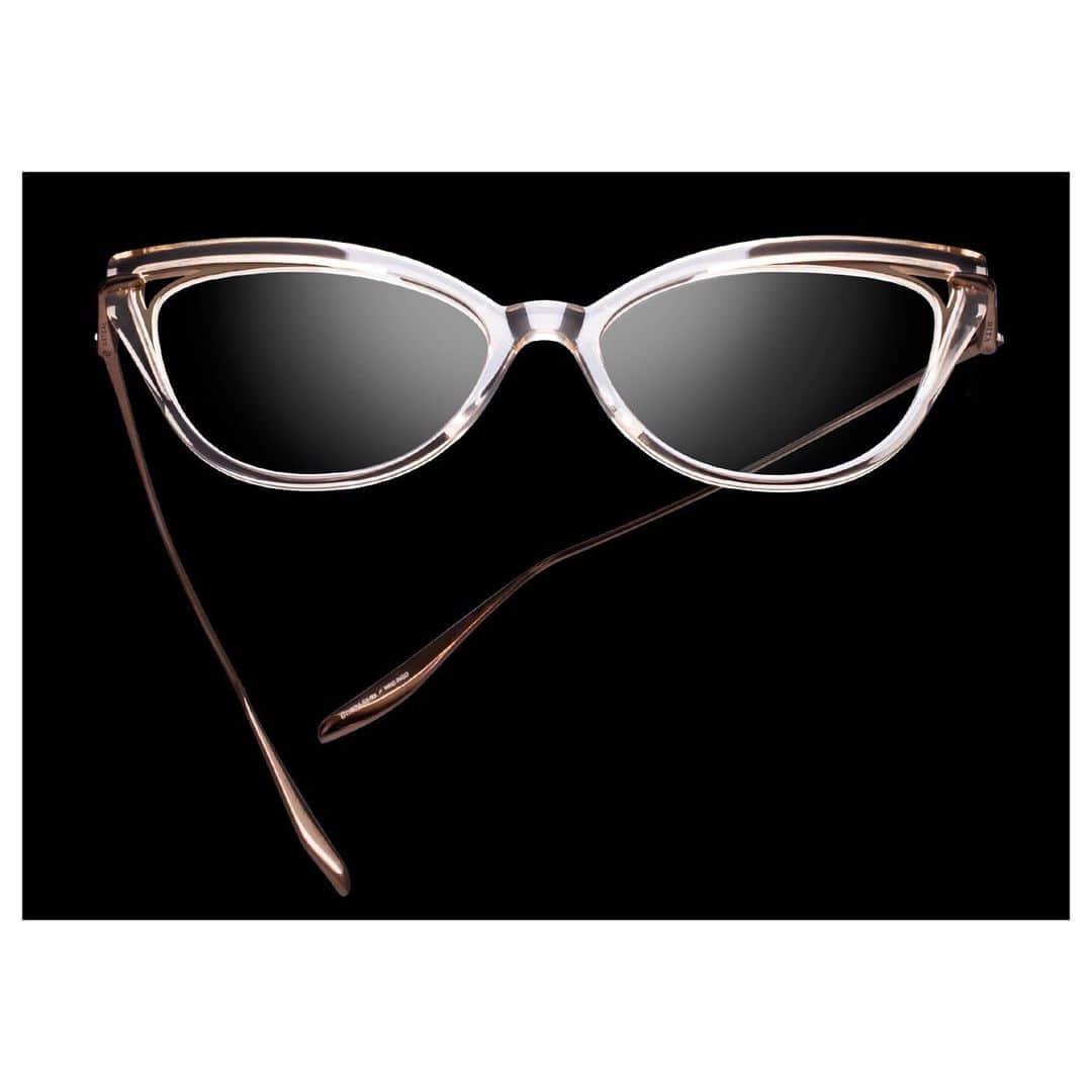 ディタのインスタグラム：「A classic cat-eye exploring material combinations, the #DITA Artcal features an inlaid titanium rim detail with cut out in a timeless wearable shape — shown here in White Rose Crystal #DITAeyewear #DITAsunglasses」