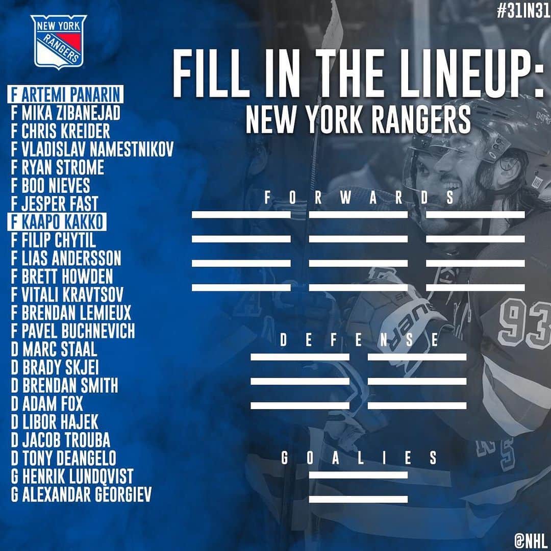 NHLさんのインスタグラム写真 - (NHLInstagram)「You're coaching the @nyrangers and you're putting together the best lineup available.  Who ya got? 🤔 #31in31」8月21日 1時01分 - nhl