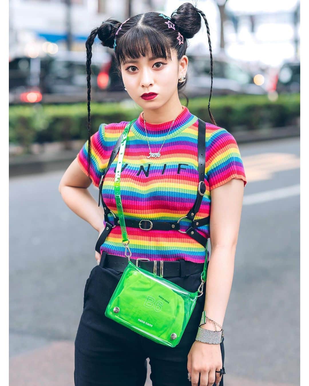 Harajuku Japanさんのインスタグラム写真 - (Harajuku JapanInstagram)「19-year-old Japanese student Ayana (@ayana__1013) on the street in Harajuku wearing a UNIF rainbow top with O-Mighty embroidered Pokemon pants, a see through NaNa-NaNa bag, a harness, and Demonia platform boots.」8月21日 1時17分 - tokyofashion