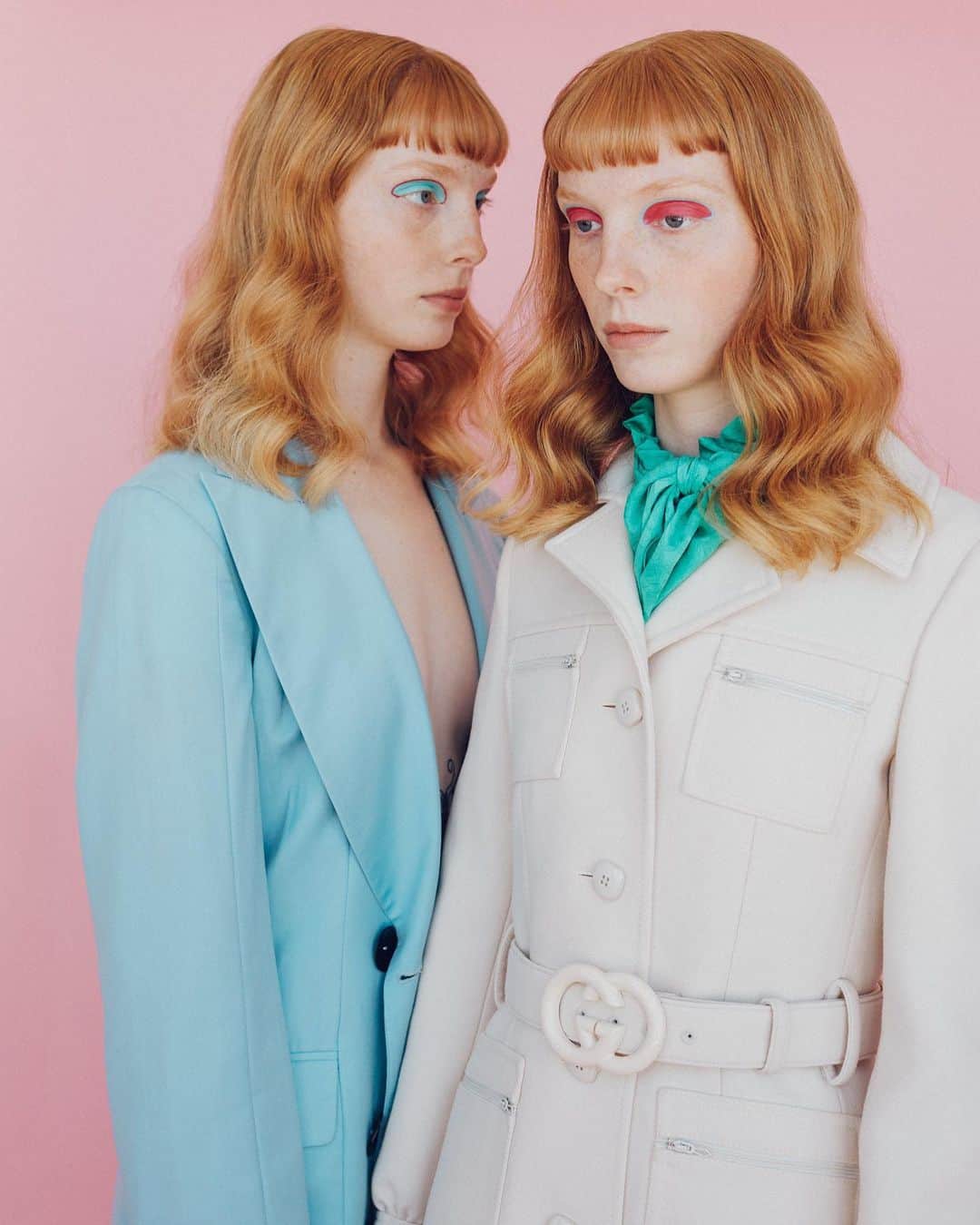 Flaunt Magazineさんのインスタグラム写真 - (Flaunt MagazineInstagram)「WHAT I AM, I DON'T KNOW. I AM THE SIMULACRUM OF MYSELF.  Photographer Kayla Varley takes on the Fly Twins in a shoot styled by Soaree Cohen. Go to Flaunt.com to see the rest of our online exclusive editorial.  Look 1) @ISSEYMIYAKEUSA top, and pants, CHRISTIAN @LOUBOUTINworld shoes, and @eyeofIRIS TREND earrings. @MISSONI jumpsuit and @shopDALMATA necklaces.  Look 2) @FENDI shirt and skirt. @RACHELCOMEY earrings. @BOTTEGAVENETA top and skirt.  Look 3) @TEATUMJONES suit. @GUCCI coat and shirt.  Look 4) @BCBGMAXAZRIA sweater, @FENDI bodysuit, and @TAYLORandTHOMAS_la shoes. @KENZO sweater, @TAYLORandTHOMAS_la  shoes, and stylist’s own tights.  Photographed by: @kaylavarley. Models: @flytwinss @fordmodels  Styled by: @soaree. Makeup: @harrymakesitup. Hair: @breestanchfield.」8月21日 7時15分 - flauntmagazine