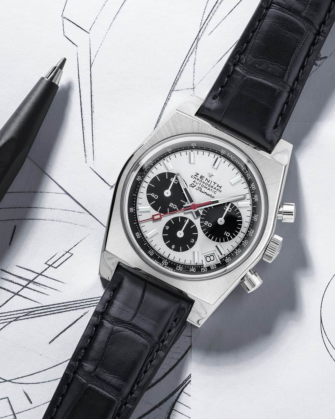 ゼニスのインスタグラム：「#A384: Using the original blue prints and production plans from 1969, the A384 Revival is true reproduction of the original El Primero model.  #Zenith #ZenithWatches #Watches #Watch #Watchesofinstagram #Watchfam #WatchoftheDay #Luxury #WatchAddict #Watchcollector #Horology #DailyWatch #ElPrimero #Chronograph #VintageWatches」