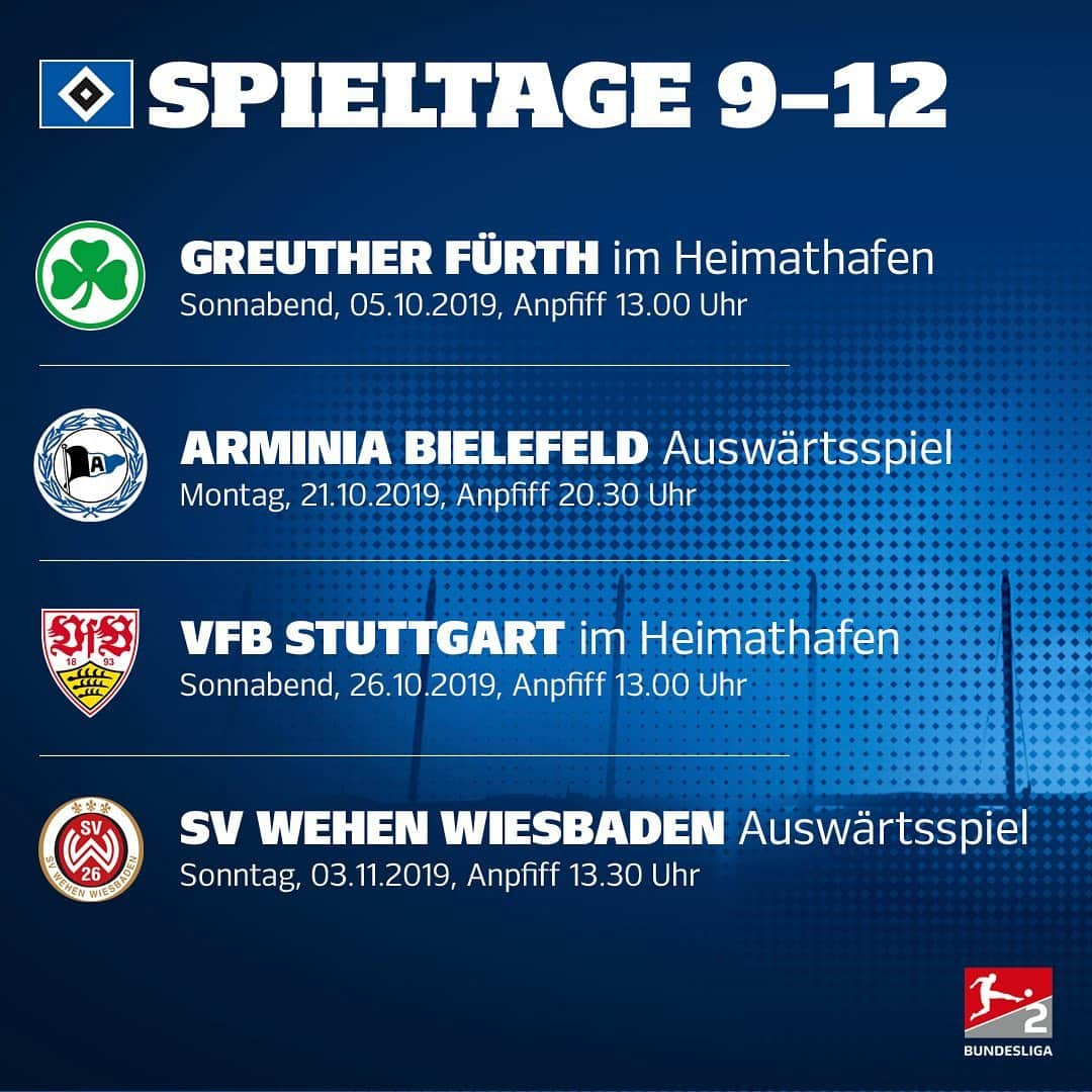 ハンブルガーSVさんのインスタグラム写真 - (ハンブルガーSVInstagram)「Die DFL hat die Spieltage neun bis 15 terminiert 📆 Das sind unsere Spiele bis Ende November ⚽  #HSVSGF - Sa, 05.10.  #DSCHSV - Mo, 21.10.  #HSVVFB - Sa, 26.10.  #SVWWHSV - So, 03.11.  #KSVHSV - Sa, 09.11.  #HSVSGD - Sa, 23.11.  #OSNHSV - Fr, 29.11.  Wann seid ihr dabei?  #nurderHSV」9月4日 21時36分 - hsv