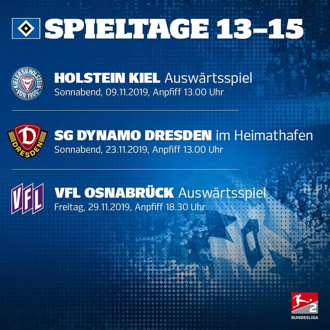 ハンブルガーSVさんのインスタグラム写真 - (ハンブルガーSVInstagram)「Die DFL hat die Spieltage neun bis 15 terminiert 📆 Das sind unsere Spiele bis Ende November ⚽  #HSVSGF - Sa, 05.10.  #DSCHSV - Mo, 21.10.  #HSVVFB - Sa, 26.10.  #SVWWHSV - So, 03.11.  #KSVHSV - Sa, 09.11.  #HSVSGD - Sa, 23.11.  #OSNHSV - Fr, 29.11.  Wann seid ihr dabei?  #nurderHSV」9月4日 21時36分 - hsv