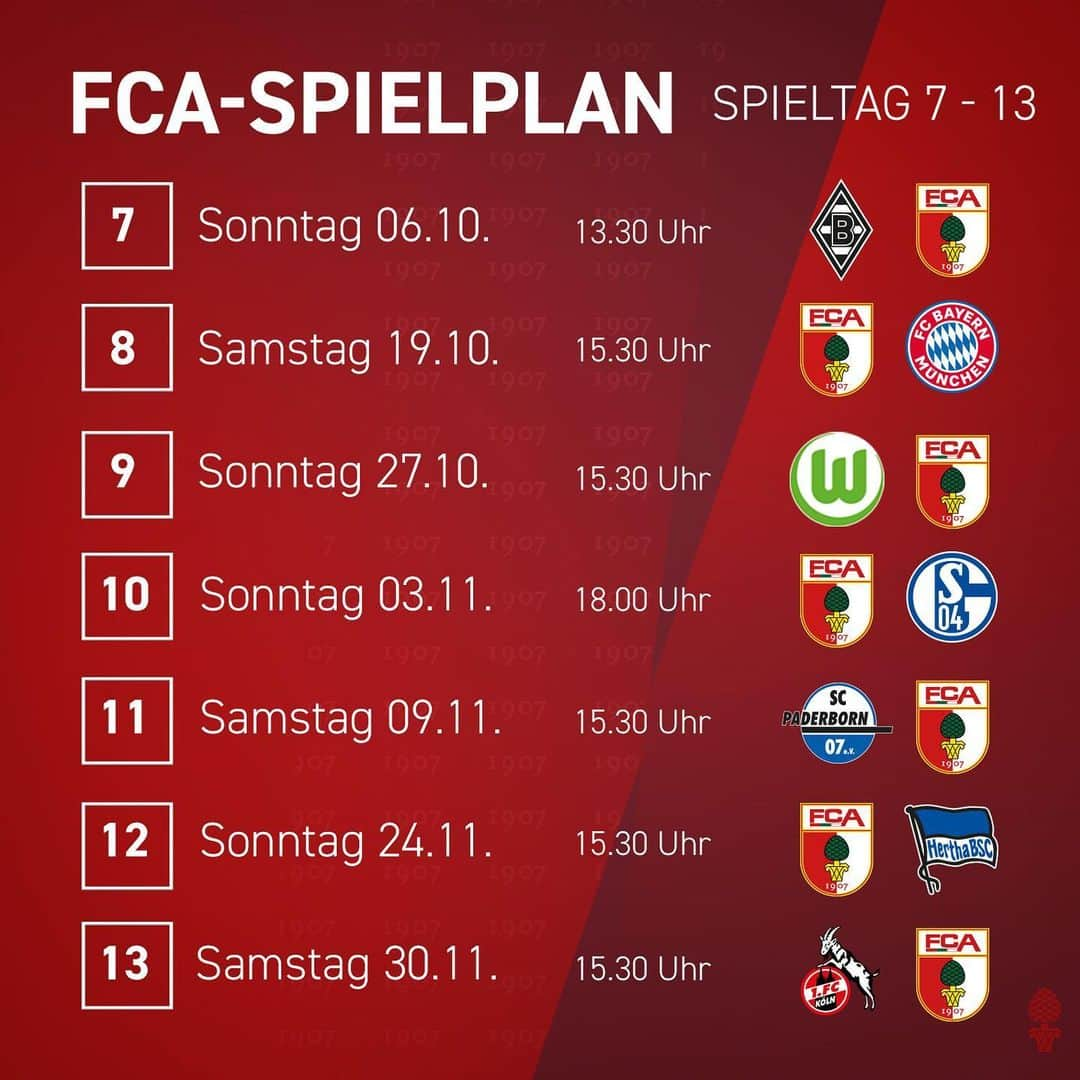 FCアウクスブルクさんのインスタグラム写真 - (FCアウクスブルクInstagram)「Holt Eure Kalender raus: Die #DFL hat die Spieltage 7️⃣-1️⃣3️⃣ zeitgenau angesetzt! 🙌 #FCA #FCA1907 #fcaugsburg」9月4日 21時42分 - fcaugsburg1907