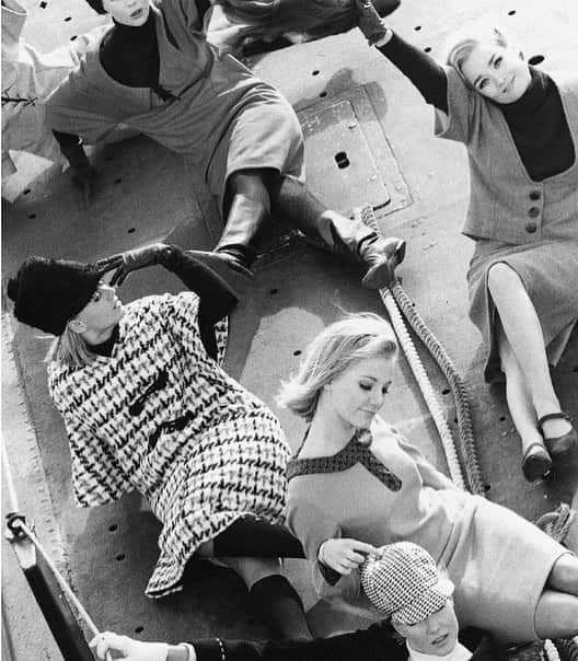 キャロライン チャールズのインスタグラム：「First Caroline Charles collection launched September 1963 featuring a photo shoot of 6 models on a submarine in Portsmouth Harbour」