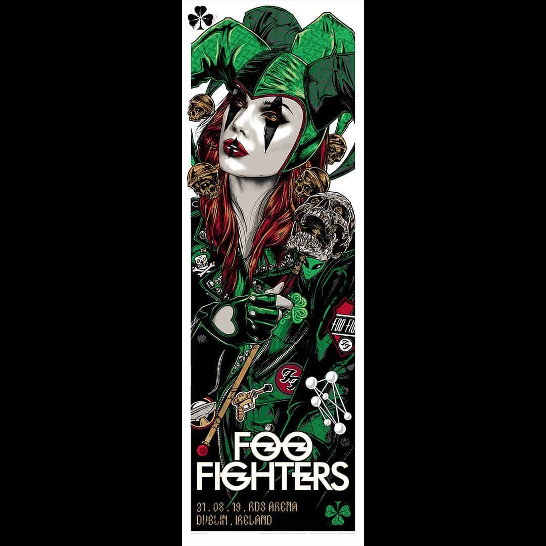 フー・ファイターズのインスタグラム：「DUBLIN 🇮🇪 ARE YOU READY??? 🤘 RDS TONIGHT! . 5:00 Doors Open 5:45 @hotmilkhotmilk  6:45 @frankcarter23 & @andtherattlesnakes  8:15 #FooFighters . 🖌: Rhys Cooper for @beyondthepaleposters」