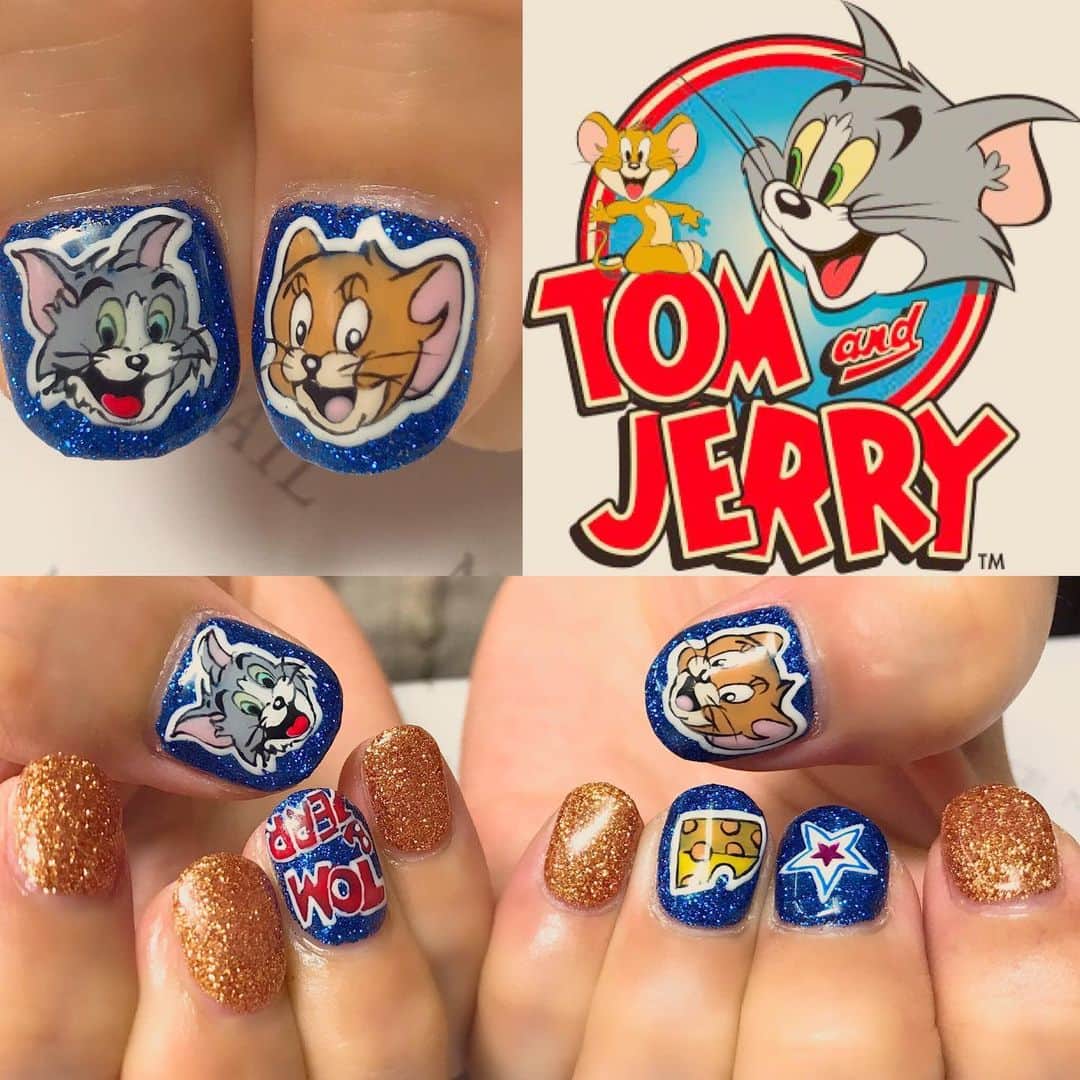小嶋晶子のインスタグラム：「(◎´艸`{ New nail💅I really like this!! #nail #nails #newnail #newnails #tomandjerry #tomandjerrynail #トムとジェリー #トムとジェリーネイル #手描き #手描きネイル #🐹 #🐈 #💅」