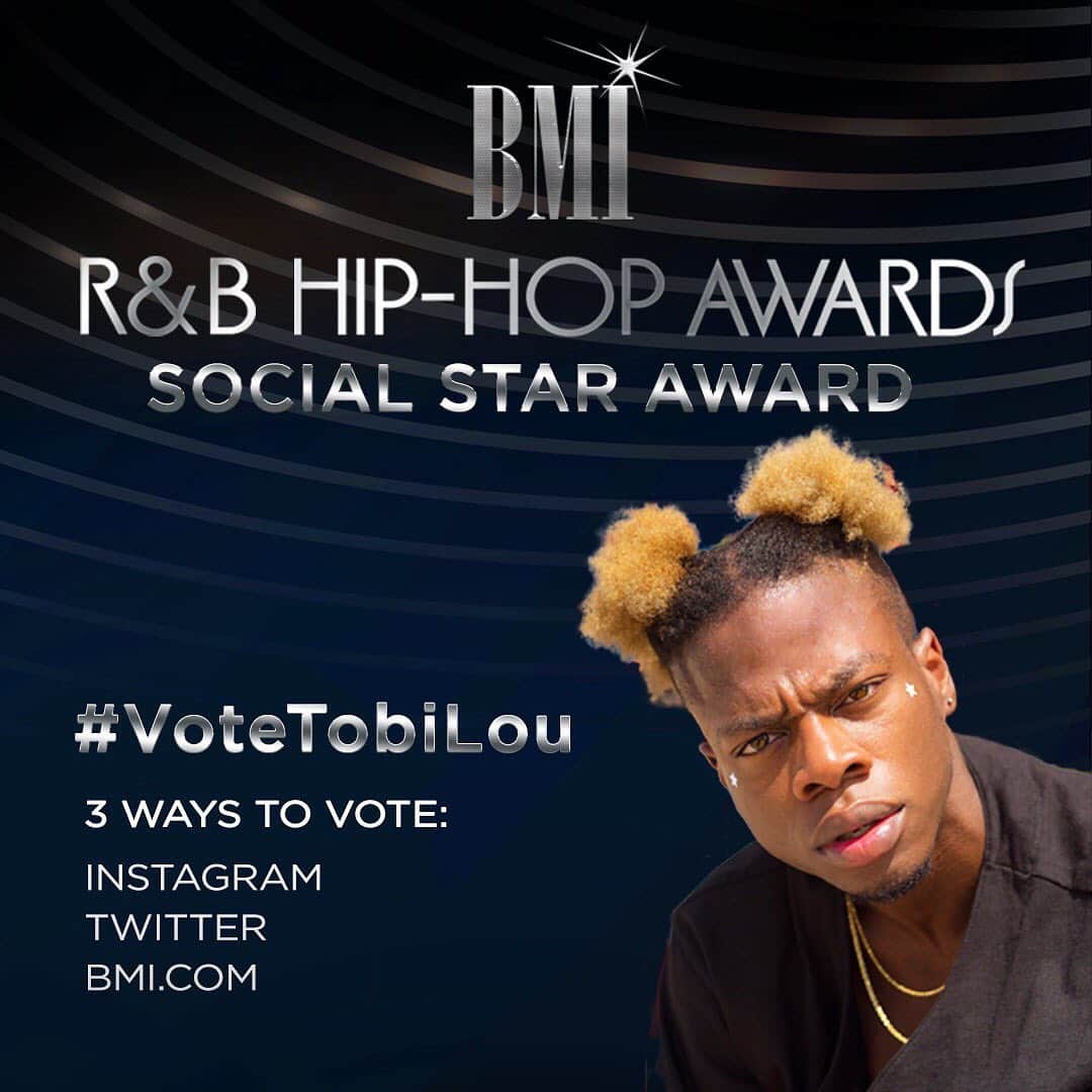 Broadcast Music, Inc.さんのインスタグラム写真 - (Broadcast Music, Inc.Instagram)「There’s still 2 days left to vote for your #BMISocialStar. ⭐️ If @tobilou is your favorite BMI Social Star, here’s how you can help him win:  1. Like this photo. 2. Visit Tobi’s IG account (@tobilou) and ‘Like’ his Social Star image. 3. Go on Twitter and use “#VoteTobiLou” in a tweet.  Voting ends Friday, August 23rd at 12:00pm EST.  To see all the nominees and official rules, click the 🔗 in our bio or click the following hashtags: #VoteLaytonGreene #VoteTobiLou #VoteNLEChoppa #BMISocialStar #BMIRnBHHAwards」8月21日 23時42分 - bmi
