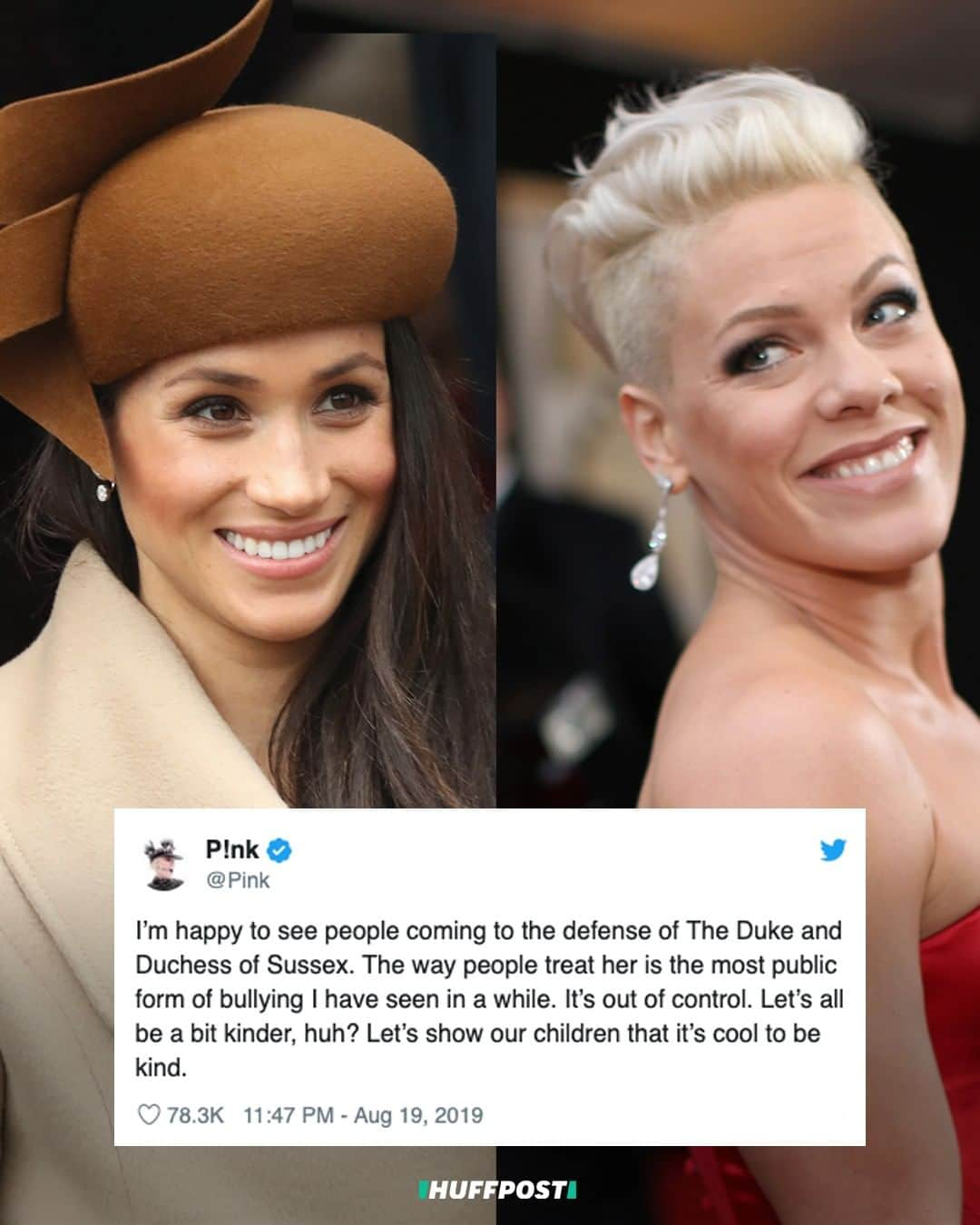 Huffington Postさんのインスタグラム写真 - (Huffington PostInstagram)「Pink called out critics she accuses of “bullying” Meghan Markle and Prince Harry, just after Elton John and Ellen DeGeneres defended the Duke and Duchess of Sussex on Twitter. Meghan and Harry, who preach about conservation and the environment, came under fire for reportedly using a private jet four times in 11 days for vacations in Spain and France. “I’m happy to see people coming to the defense of The Duke and Duchess of Sussex,” Pink tweeted. “The way people treat her is the most public form of bullying I have seen in a while. It’s out of control.” The singer added, “Let’s all be a bit kinder, huh? Let’s show our children that it’s cool to be kind.” // 📸: Getty Images」8月22日 1時29分 - huffpost