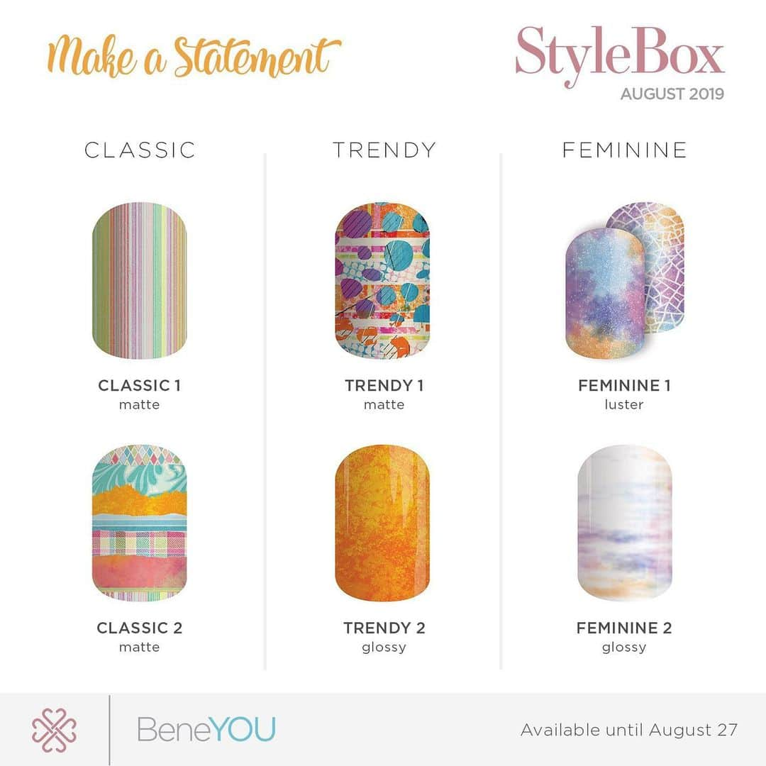 Jamberryさんのインスタグラム写真 - (JamberryInstagram)「M A K E • A • S T A T E M E N T  Mix & match and make a statement wearing any of the six bold and beautiful exclusive designs featured in August StyleBox. Plus, enjoy two F.R.E.E. SMART•stiks with every StyleBox this month as our gift to you. . . . What are SMART•stiks? This pineapple-flavored drink helps boost creativity, focus and overall cognitive potential with safe, proven nootropic ingredients. Add one SMART to 16 oz. of chilled water for a refreshing BRAIN BOOST (and all for just 10 tiny calories). . . . Get this StyleBox thru August 27 at 11:59 p.m. MT. ((And don’t forget . . . StyleBox subscribers enjoy unlimited add-on’s, handpicked styles, and F.R.E.E. shipping every month.)) . . . . #stylebox #styleboxjn #styleboxjnaugust2019 #jamberry #jamberrynails #nailfie」8月22日 2時16分 - jamberry