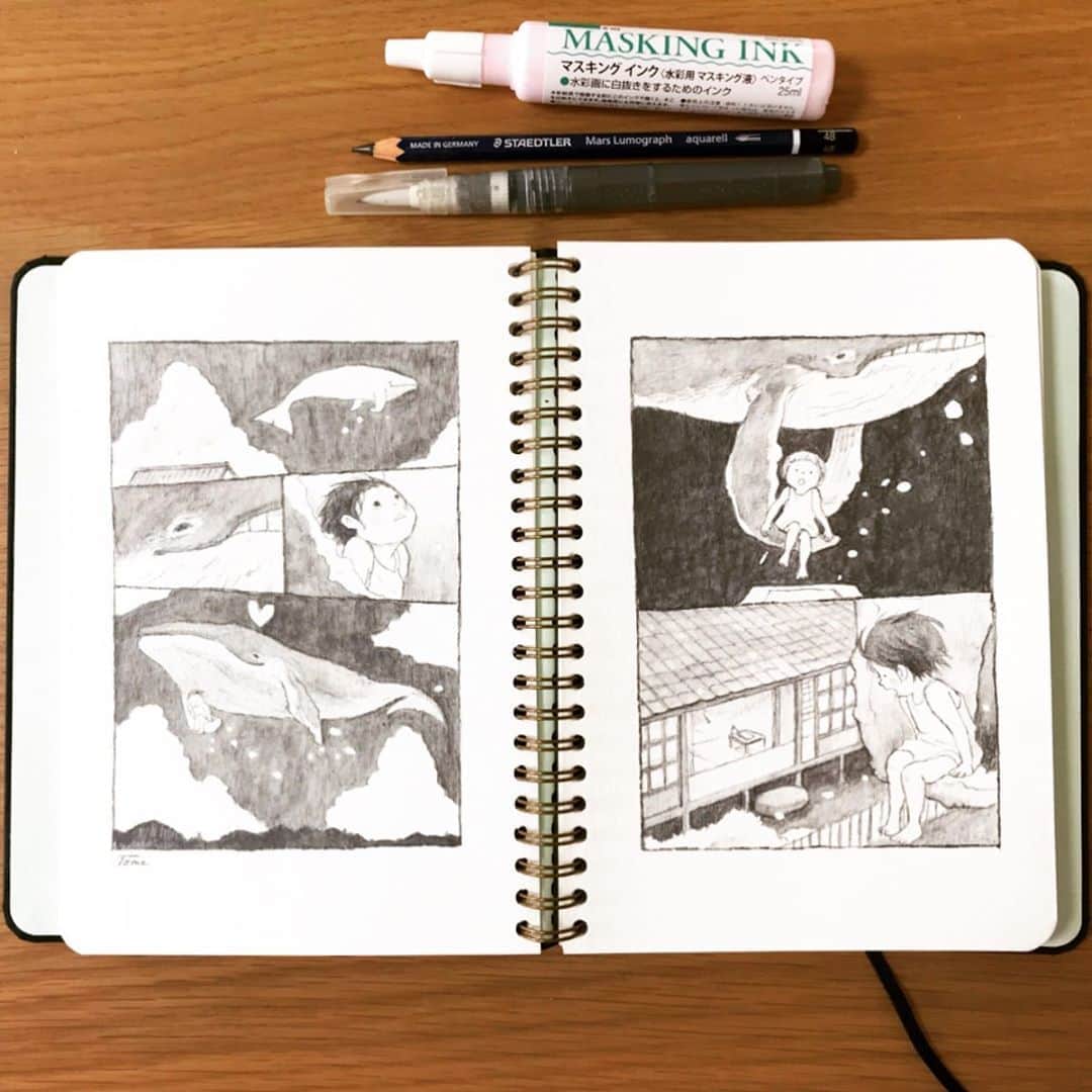 Tomoko Shintaniのインスタグラム：「はくちゅーむ2🐋 さらわれるの巻。 . Mossery社のSketchbookが9月5日までプロフのリンクから15%割引でご購入できます。 購入時discount codeのフォームにTOKOMO15と入れてください。 . Daydream 2🐋  You can buy this Sketchbook 15% off from my prof link with the discount code “TOKOMO15” which will be valid until 5 Sept. Please enter the code when you check out. . #mossery #mosseryco #sketchbook#staedtlerlumograph #aquarell #whale #japan #maskingink  #水彩鉛筆 #たのしい」