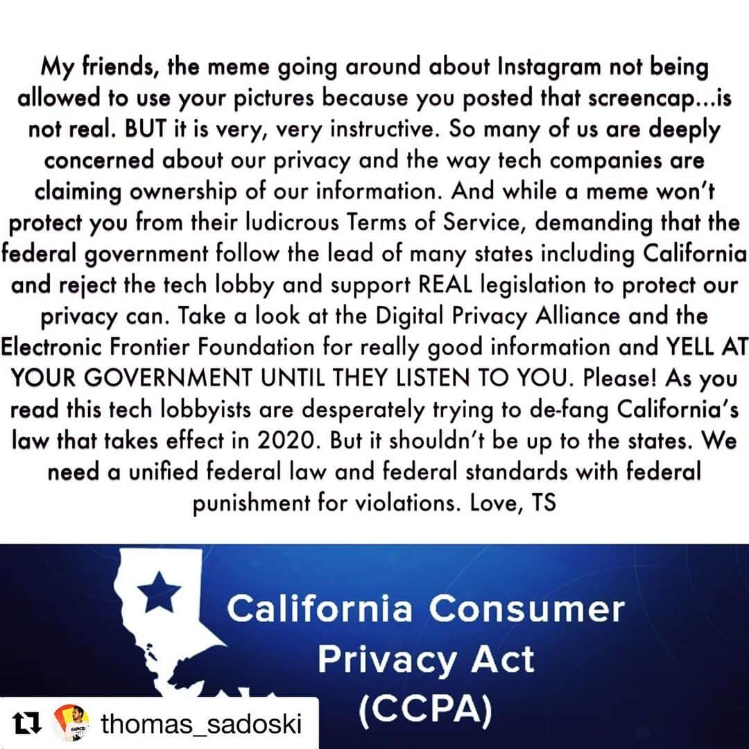 アマンダ・サイフリッドさんのインスタグラム写真 - (アマンダ・サイフリッドInstagram)「#Repost @thomas_sadoski ・・・ My friends, the meme going around about Instagram not being allowed to use your pictures because you posted that screencap...is not real. BUT it is very, very instructive. So many of us are deeply concerned about our privacy and the way tech companies are claiming ownership of our information. And while a meme won’t protect you from their ludicrous Terms of Service, demanding that the federal government follow the lead of many states including California and reject the tech lobby and support REAL legislation to protect our privacy can. Take a look at the Digital Privacy Alliance and the Electronic Frontier Foundation for really good information and YELL AT YOUR GOVERNMENT UNTIL THEY LISTEN TO YOU. Please! As you read this tech lobbyists are desperately trying to de-fang California’s law that takes effect in 2020. But it shouldn’t be up to the states. We need a unified federal law and federal standards with federal punishment for violations. Ya know, just in case 😉. And my dear, dear friends with big platforms PLEASE be careful about what you post. Please make sure you’re advocating for actionable solutions, not magic pills. The magic pills are never, never what they seem.  Love, TS.  #instagram #privacy #law #CCPA」8月22日 5時07分 - mingey