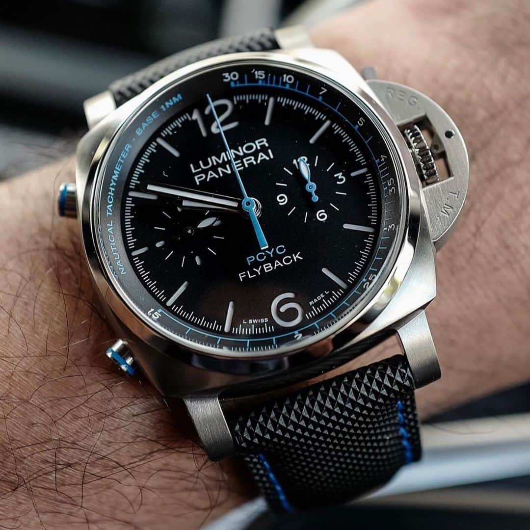 パネライのインスタグラム：「One of the three new PCYC (Panerai Classic Yacht Challenge) is this beauty. The #PAM764 44mm Titanium Luminor Marina Flyback Chrono.  Love it? Or Pass. Pic by @dwatchgeek #paneraicentral」