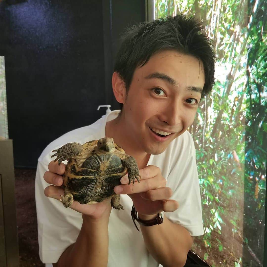 フジテレビアナウンサーのインスタグラム：「こんにちは、鈴木唯です😌 先日、同期で爬虫類園に行きました😉 その日のお気に入りの一枚！ ニッコリ上中アナと可愛い小亀🐢  #フジテレビアナウンサー #上中勇樹 アナ #ゆいのyouいいね！」