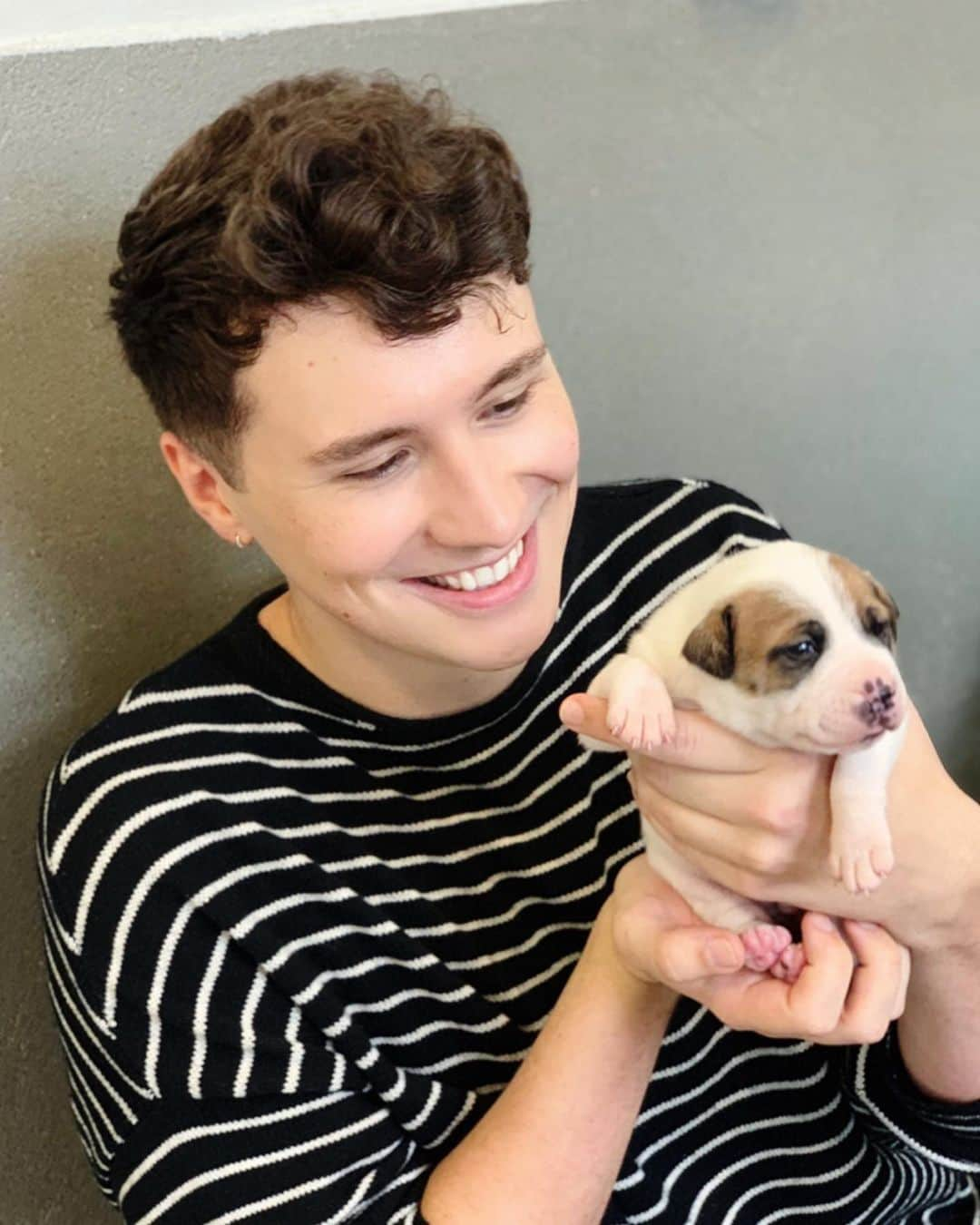 ダニエル・ハウウェルのインスタグラム：「there is a two week old puppy falling asleep in my hands and i will do anything to protec him  thank you @makeawishuk and @battersea for giving us and @rachael__pie this dream day」